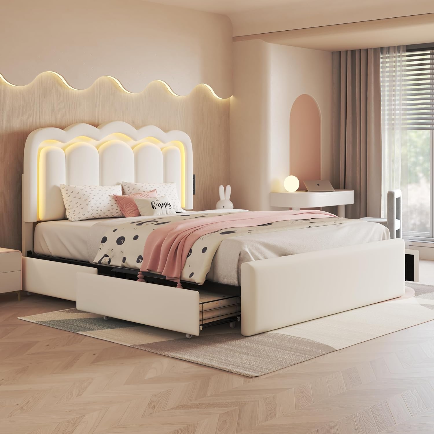 Full Size Bed Frame with 4 Storage Drawers and LED Lights, Upholstered Platform Bed with Adjustable Headboard, Charging Station, Metal Slats Support, No Box Spring Needed, White