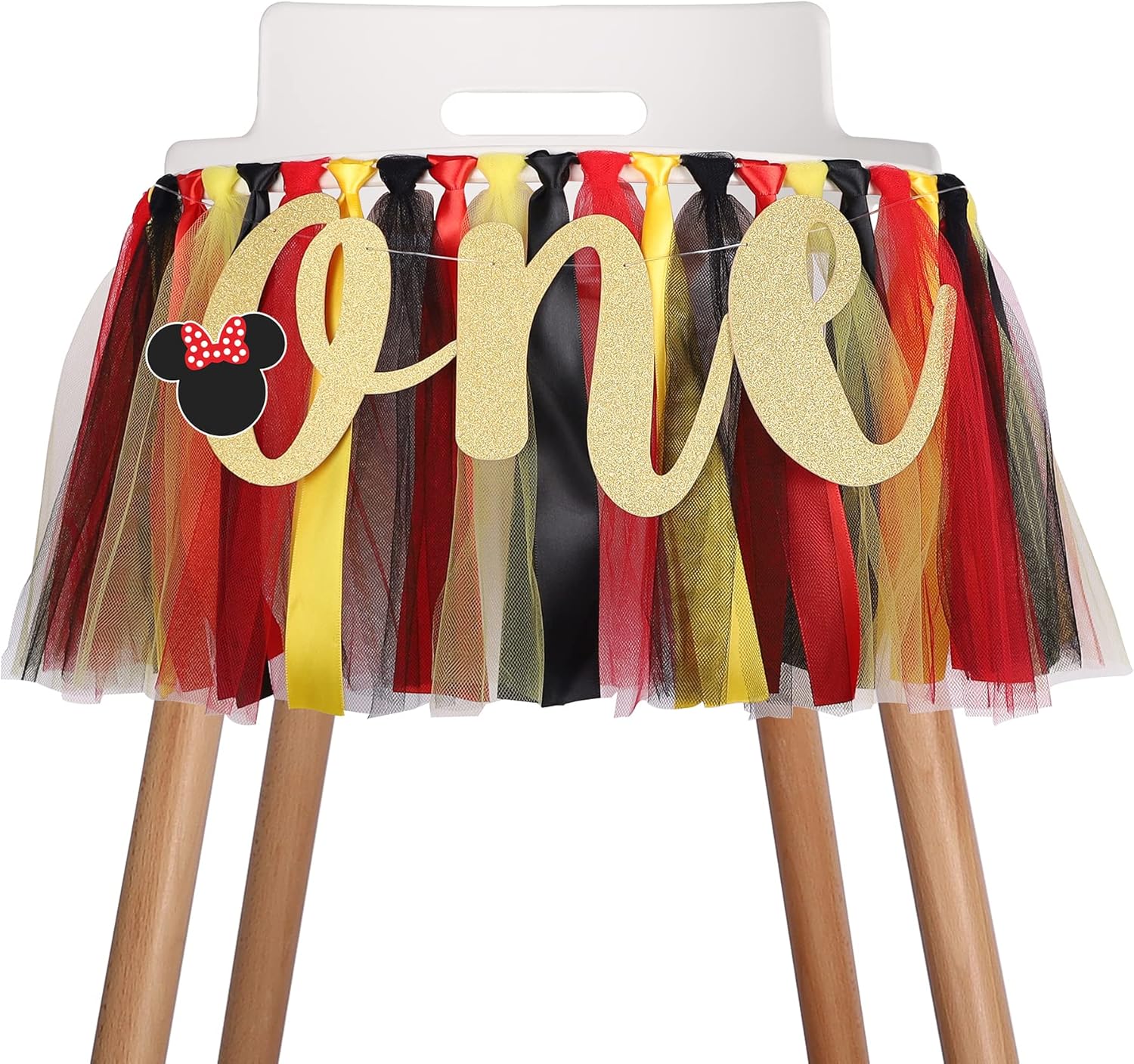 Mouse Highchair Banner Decoration for Baby - 1st First Birthday Banner, High Chair Fabric Garland Party Supplies, Red Yellow Black, Photo Props, Handmade Minnie Highchair Banner