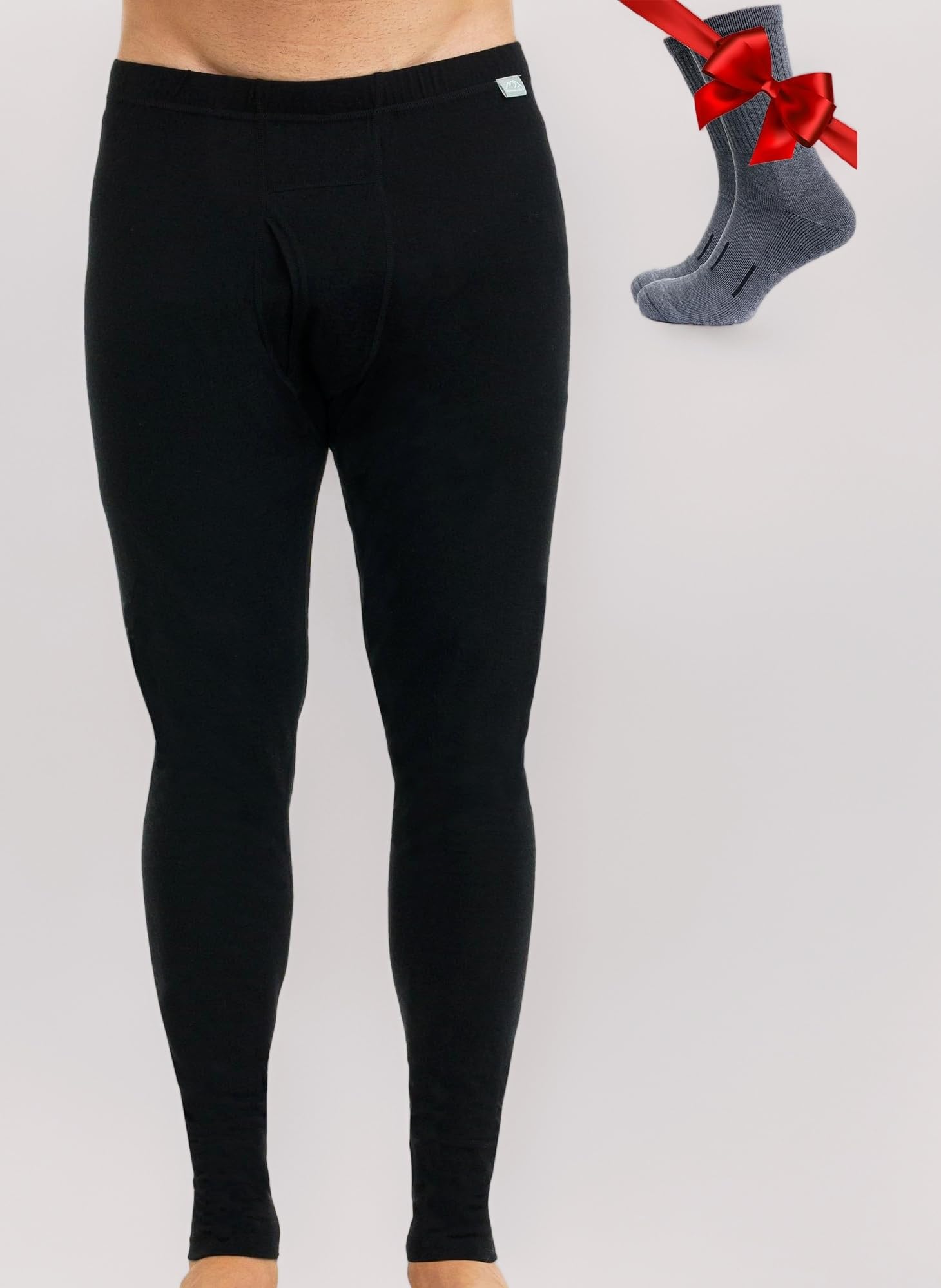 Merino Wool Base Layer Men Leggings Pants 100% Merino Wool Thermal Underwear Long Johns Light, Mid, Heavyweight + Hiking Socks