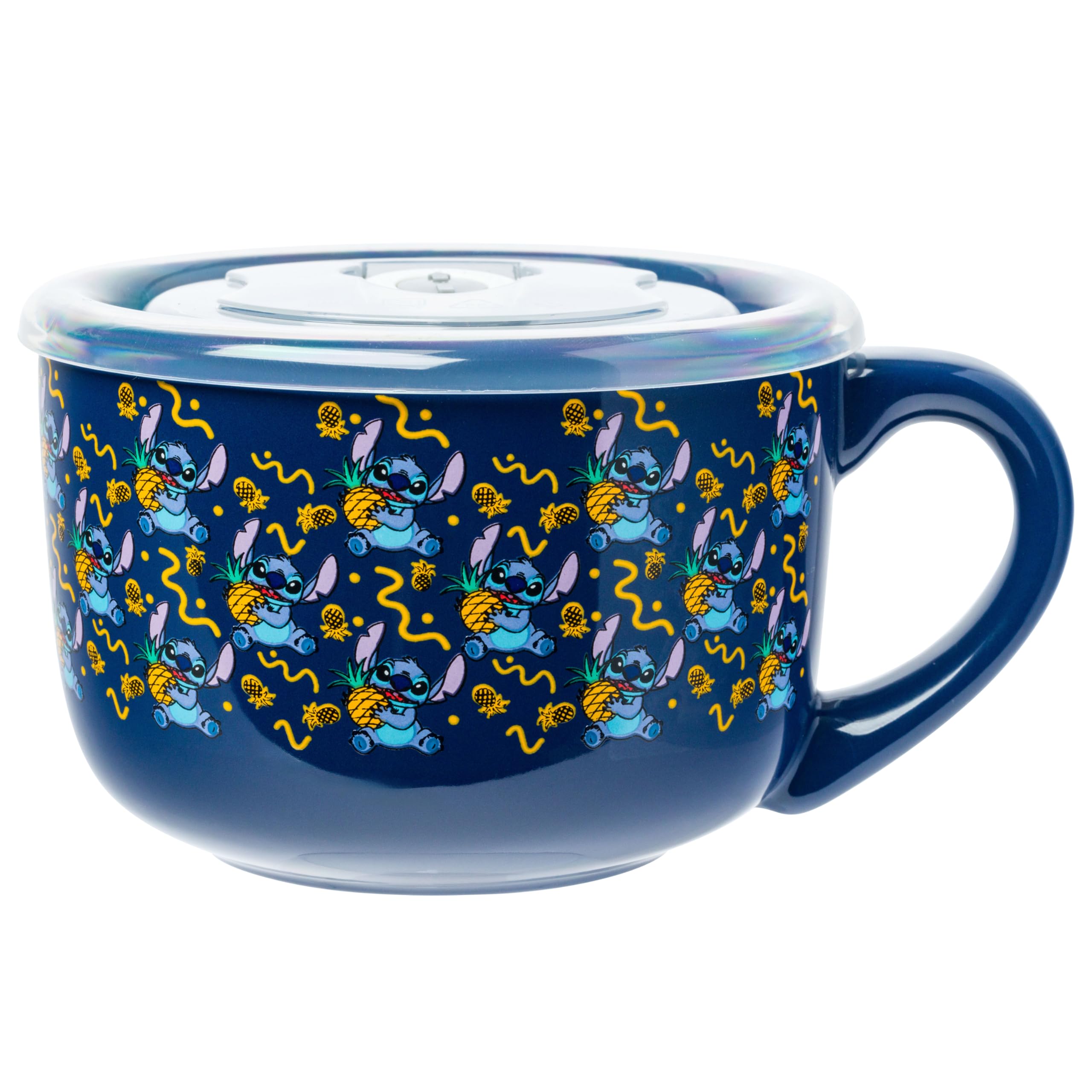 Silver Buffalo Disney Lilo and Stitch Eating Pineapple Pattern Ceramic Soup Mug with Vented Plastic Lid, 24 Ounces