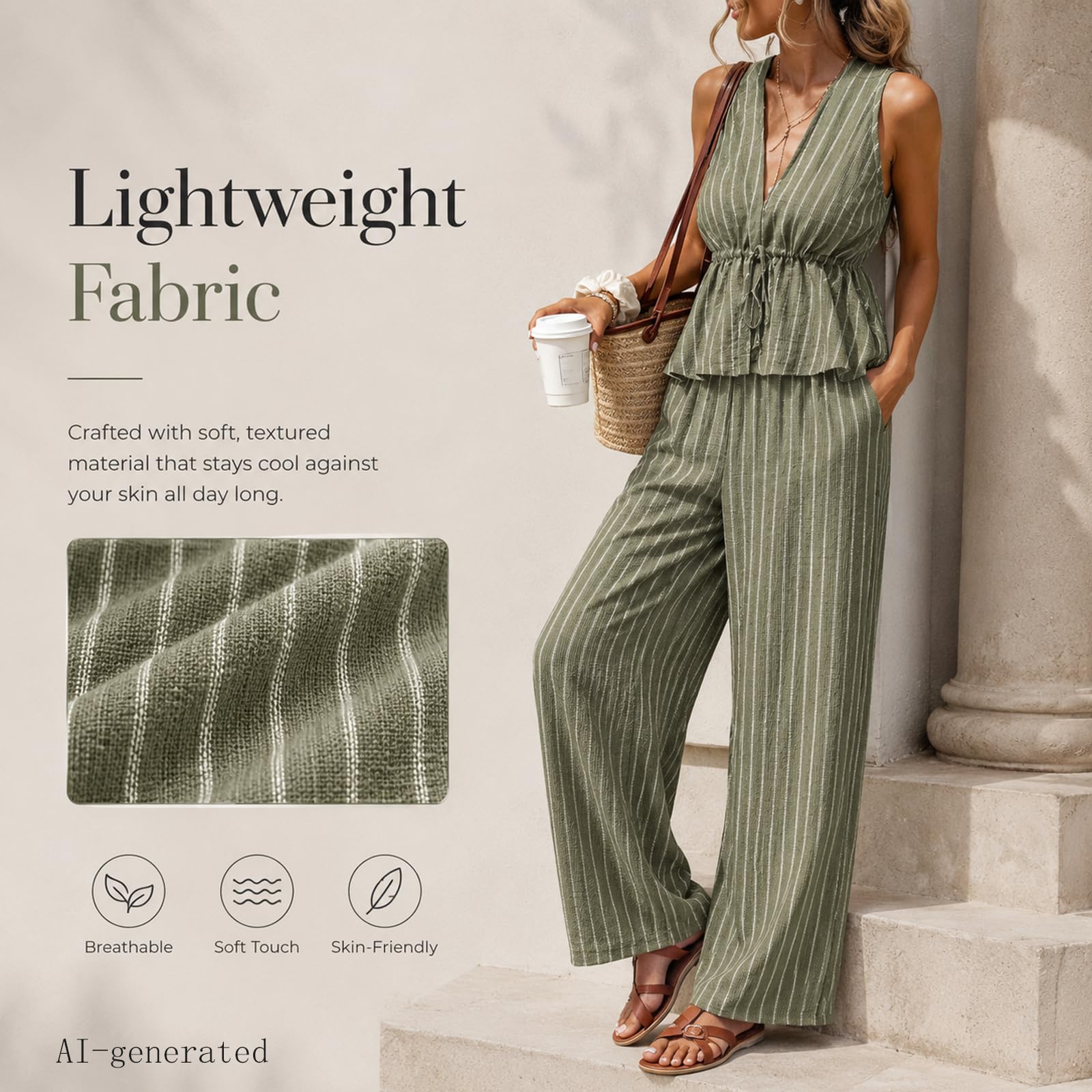 Women's 2 Piece Outfit Striped V Neck Sleeveless Cinched Peplum Tank Top Wide Leg Pants Summer Casual Travel Vacation Set