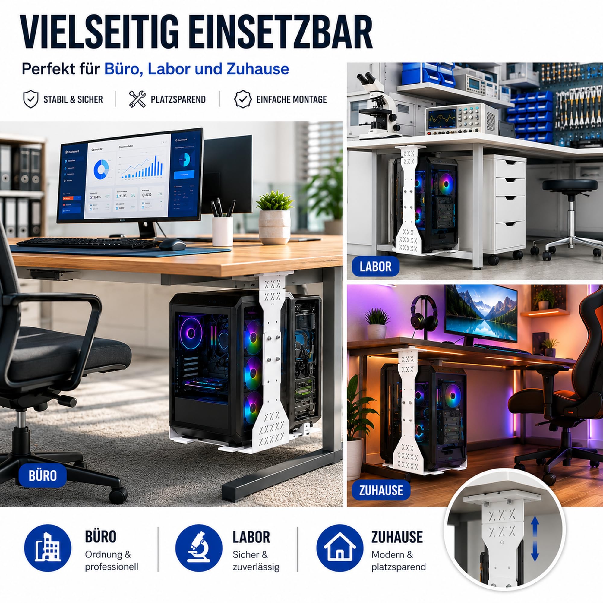 PC Halterung unter Schreibtisch, Maximale Breite bis zu 360 mm, bis zu 35 kg Tragfähigkeit, PC Untertisch Halterung mit Schutzpolster, Heavy Duty Computergehäuse, Weiß