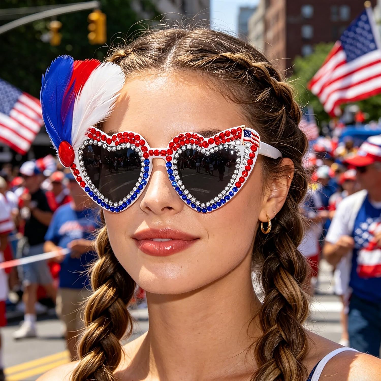 4th of July Patriotic Sunglasses for Women Men USA Flag Rhinestone Heart Shades for Independence Day, Memorial Day