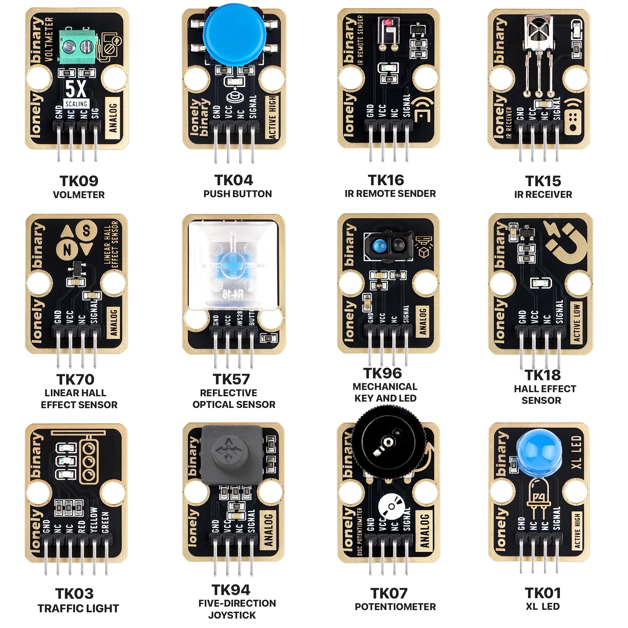 Lonely Binary TinkerBlock Kit modulo sensore 46 pezzi Gold Edition, senza piombo | con tutorial compatibile con Arduino IDE, ESP32-S3, Raspberry Pi Pico | Starter Kit prototipazione fai da te