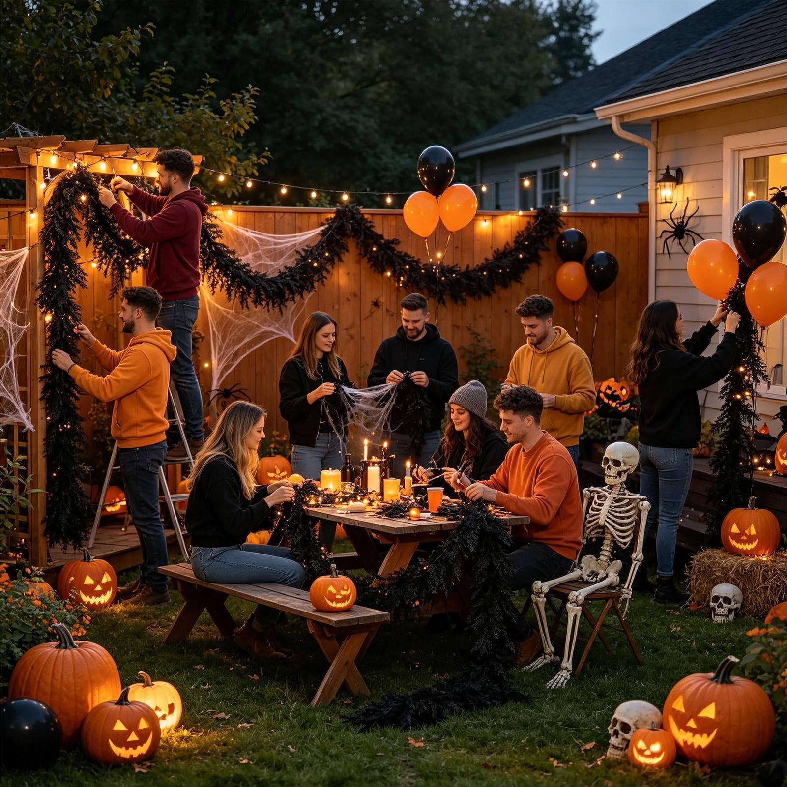 Girlanda halloweenowa na kominek, gałązka winorośli, sezonowy wiszący rekwizyt na werandę, drzwi, okno, podwórko, realistyczny projekt sceny do świątecznej dekoracji domu
