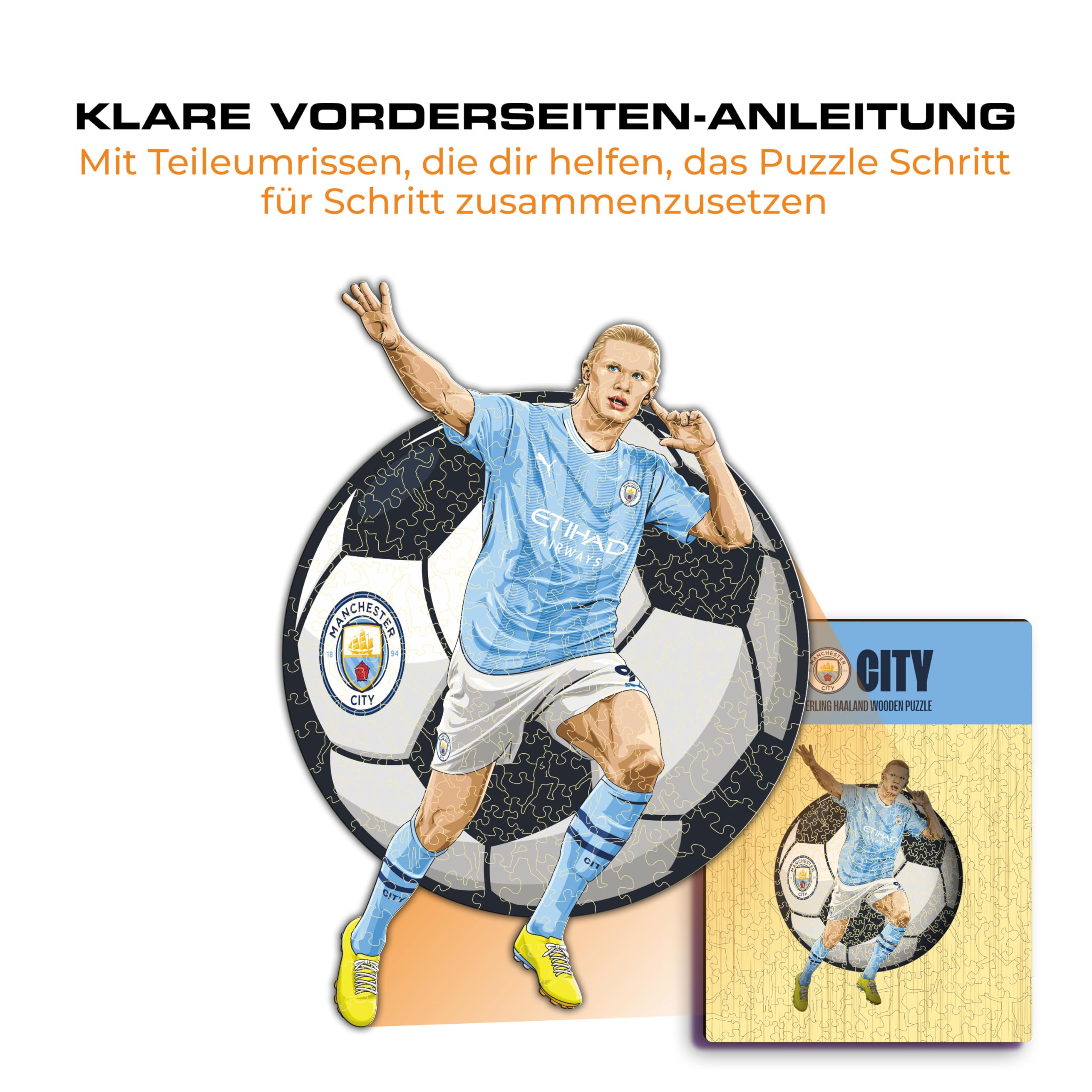 Iconic Puzzles – Manchester City, Erling Haaland, offiziell Lizenziertes Holzpuzzle, 100% nachhaltig, Geschenk für Erwachsene und Kinder, Größe M, 270 Teile