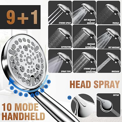 Miniatura 3 de Sistema de ducha de lluvia de 9 pulgadas montado en la pared para baño, sistema de cabezal de ducha de lluvia de 10 ajustes, juegos de grifos de