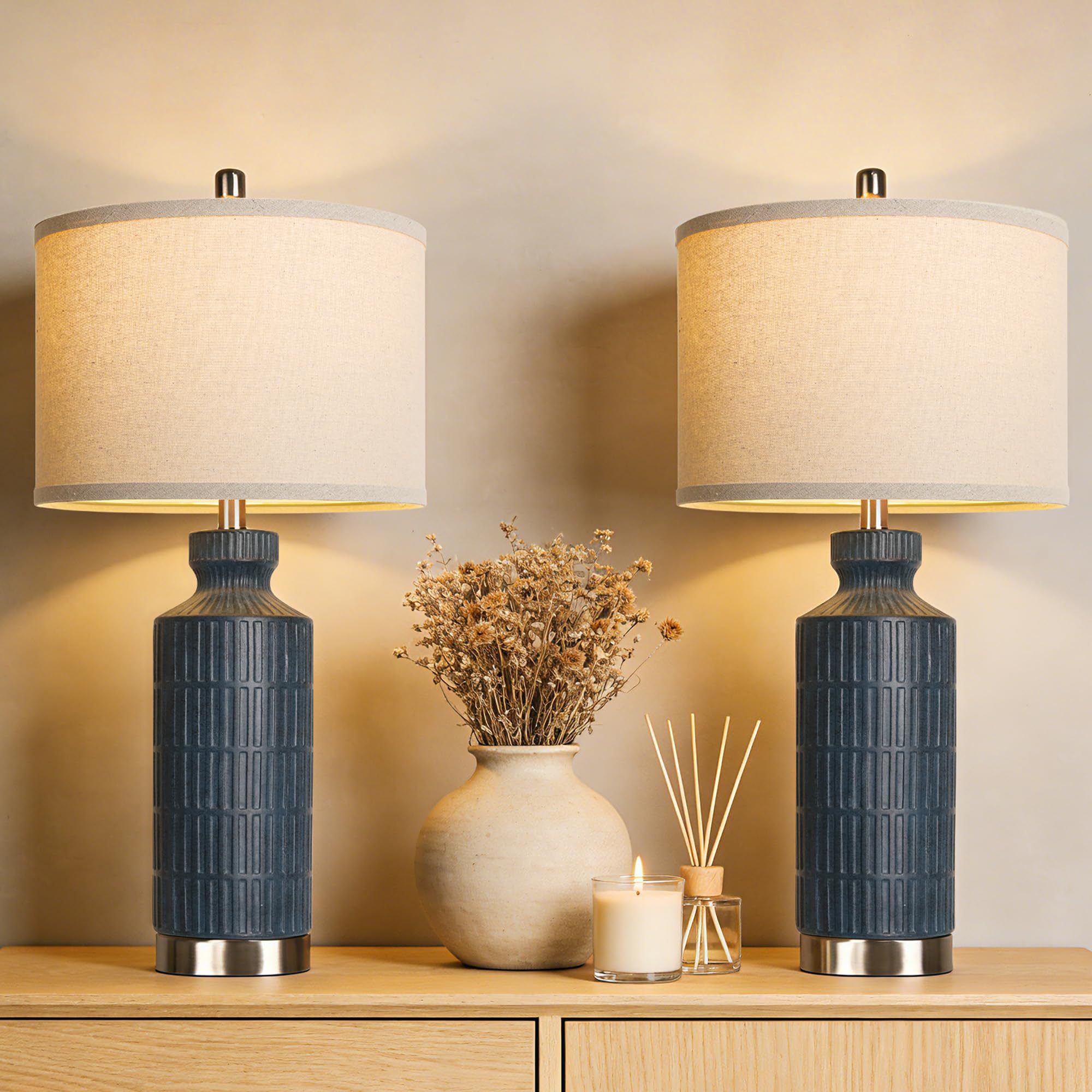 WIHTU Modern Table Lamps Set of 2 Ceramic Table Lamps Nightstand Lamps for Bedroom Blue Desk Lamps Bedside