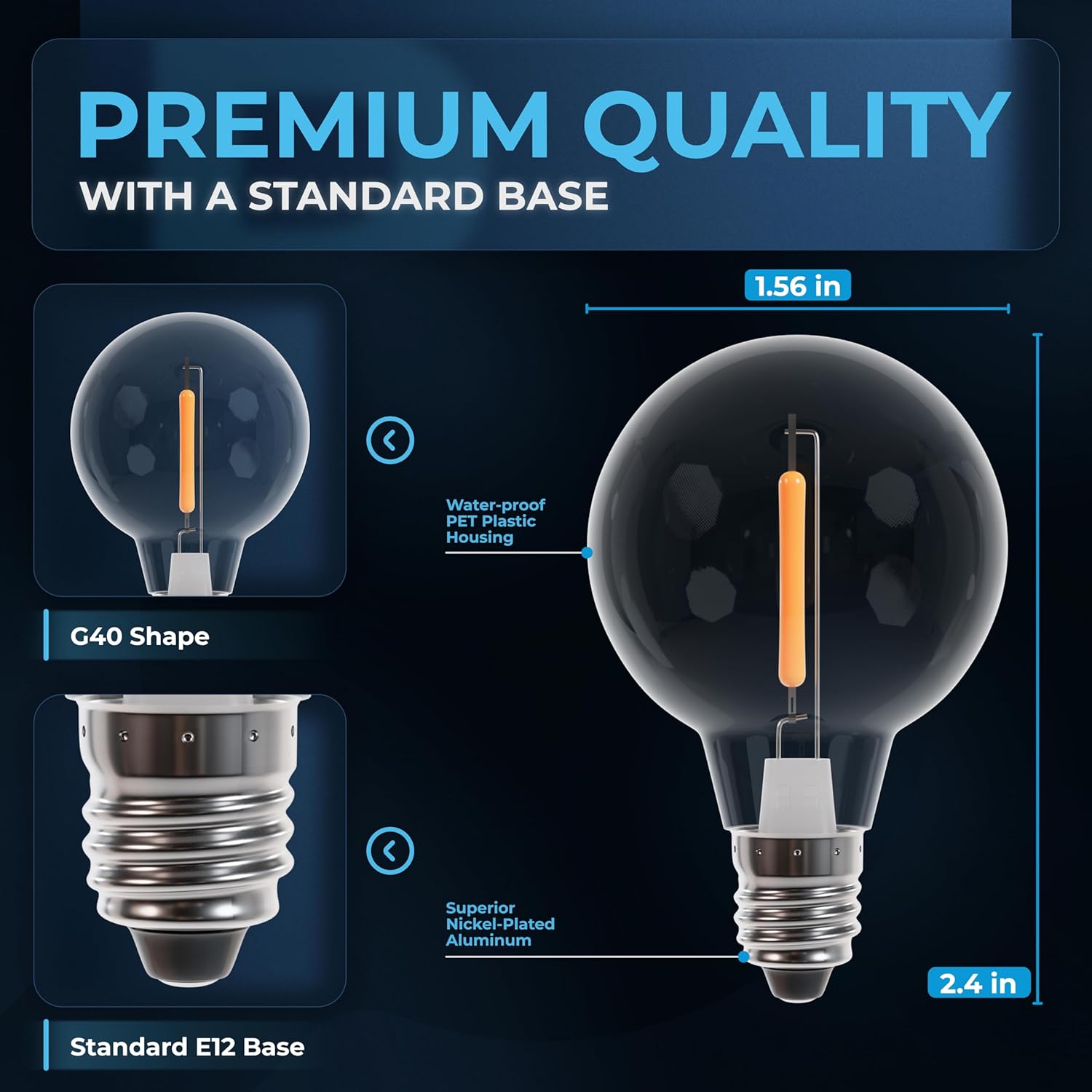 BlueStars 25 Packs G40 LED Replacement Light Bulbs, E12 Screw Base, 1W Globe Bulbs 2700K Warm White Shatterproof for Holiday Christmas Decoration, Indoor & Outdoor String Lights