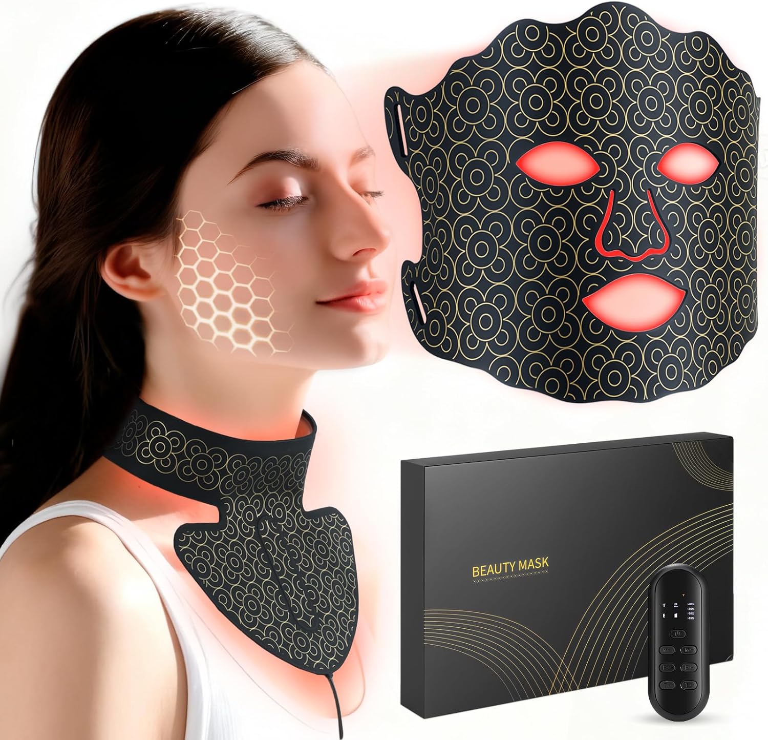 Red Light Therapy for Face & Neck, 7-Color LED Light Therapy Mask, 2600mAh Rechargeable Red Light Mask for Skin Care,With Adjustable Brightness & Timer, Suitable for Home or Travel Use