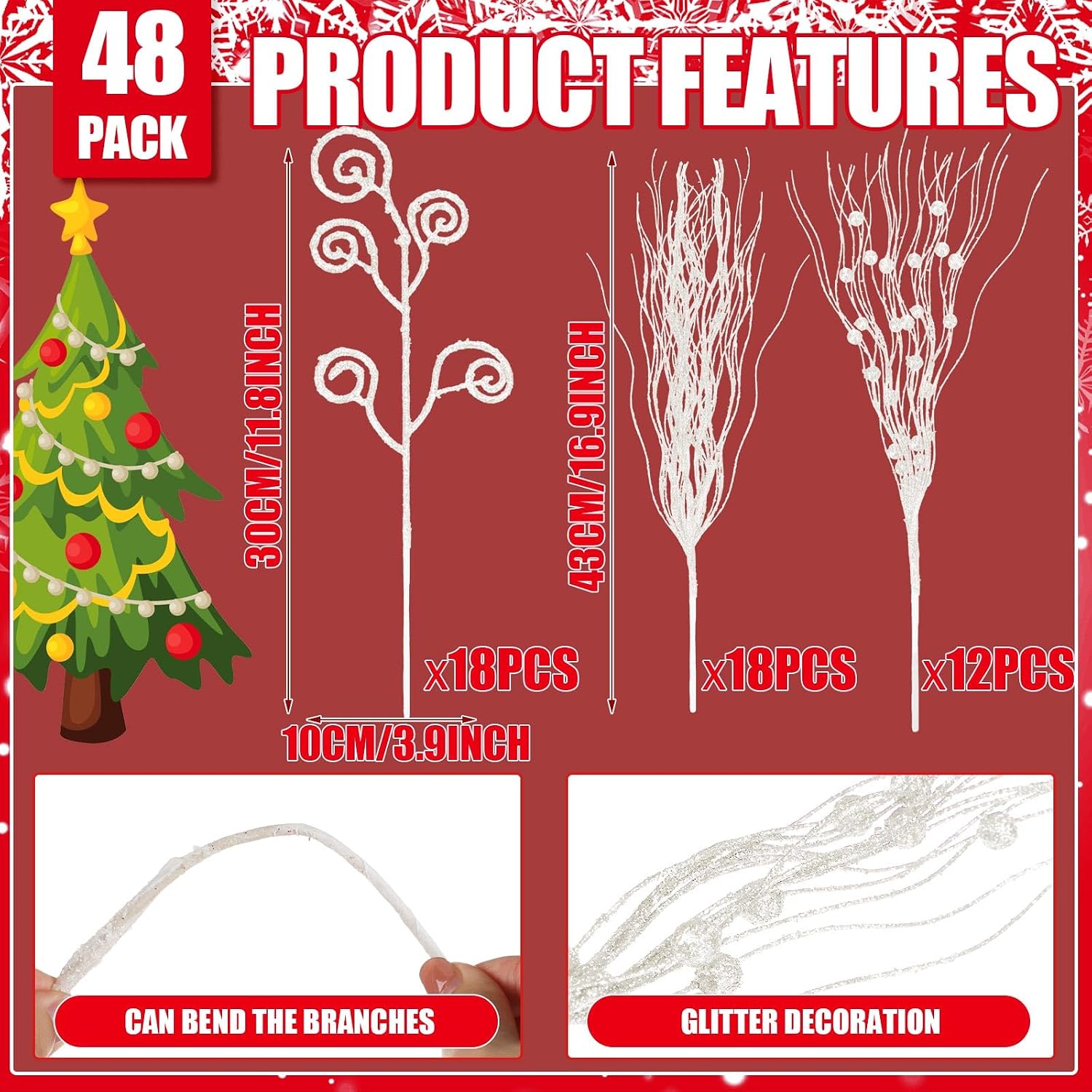 Tigeen 48 Pcs White Christmas Tree Picks and Sprays Ornaments 17'' 12'' Artificial Glitter Christmas Tree Topper Floral Berry Stems Branches Filled for Xmas Vase Filler Wreath DIY Crafts