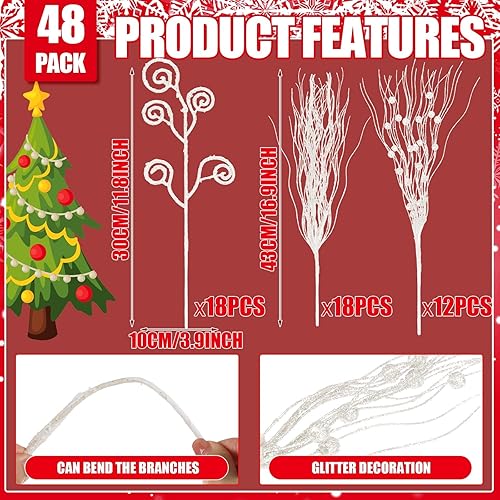 Miniatura 2 de Tigeen 48 piezas de tallos de bayas artificiales de Navidad de 17 pulgadas y 12 pulgadas con purpurina artificial, palitos de Navidad, ramas