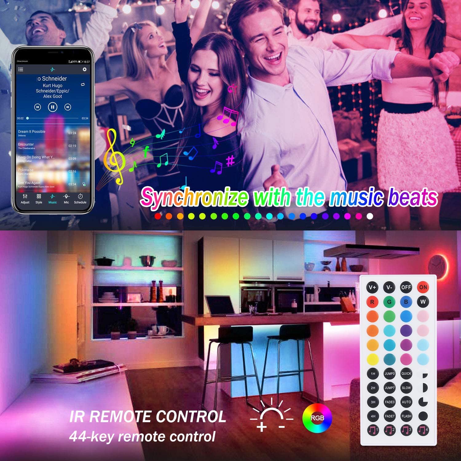 LED-Streifen, 2 x 10 m, 60 LED/M, Bluetooth, LED-Streifen, 10 m, 600 LEDs, 5050 RGB SMD, sanfter Farbwechsel, 24 V, Netzteil, Fernbedienung mit 44 Tasten, Empfänger, bunte Lichter für die