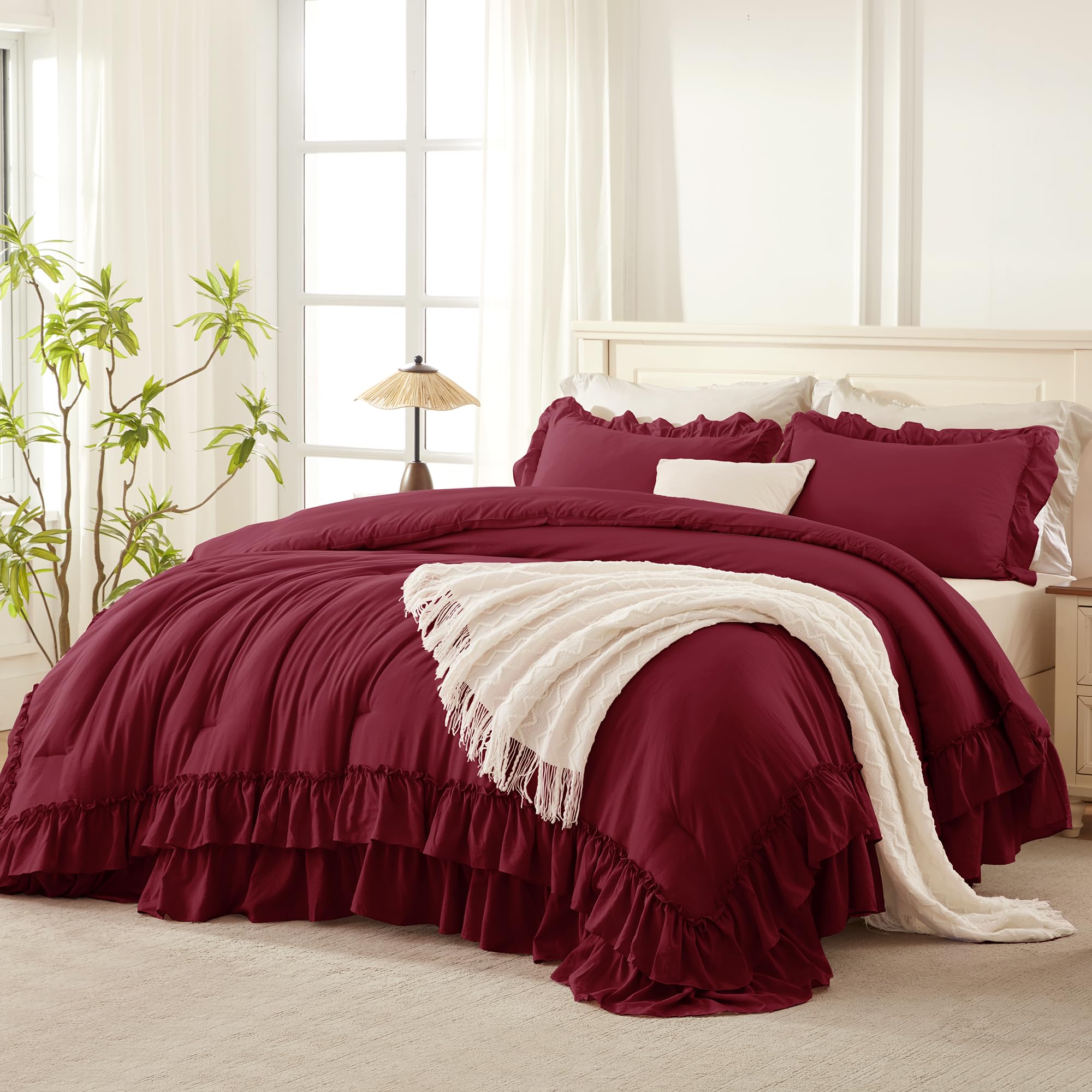 Andency Burgundy Ruffle Comforter Set King, Shabby Chic Farmhouse Bedding Comforter, Soft Lightweight Fluffy Microfiber Bet Set All Season 3 Pieces Solid Comforter Set