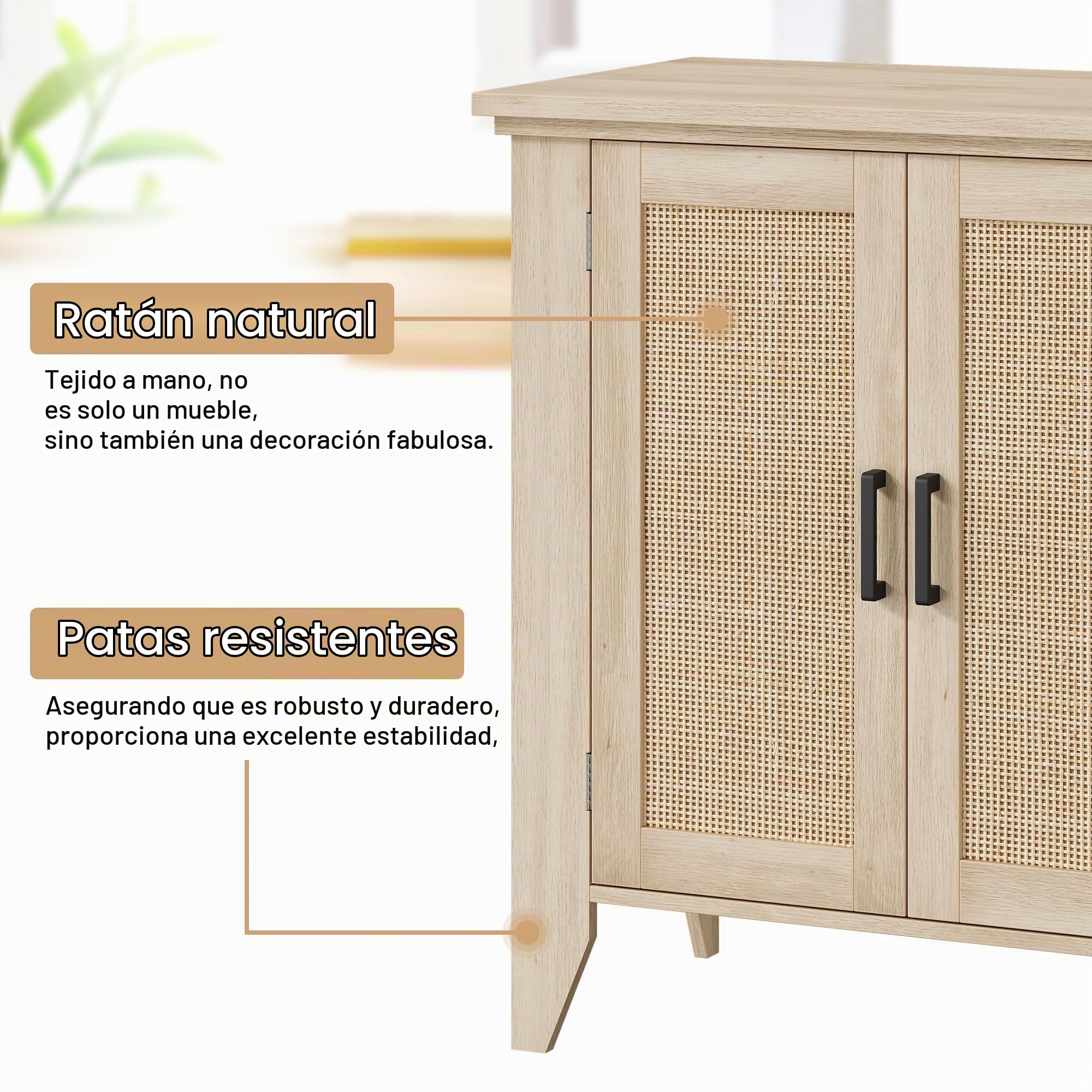 Garvee Aparador De Ratán, Mueble Auxiliar De Cocina Estrecho De Madera con Estante Ajustable, Organizador Rústico para Comedor, Salón y Espacios Pequeños, Madera Natural 80×40×83 cm