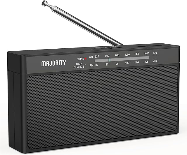 Rechargeable FM/AM Portable Radio | Radio with 10 Hours of Playback, USB Charging, Headphone Jack and Aerial | Majority Belford FM and AM Radio | Clear Sound Quality and Excellent Reception