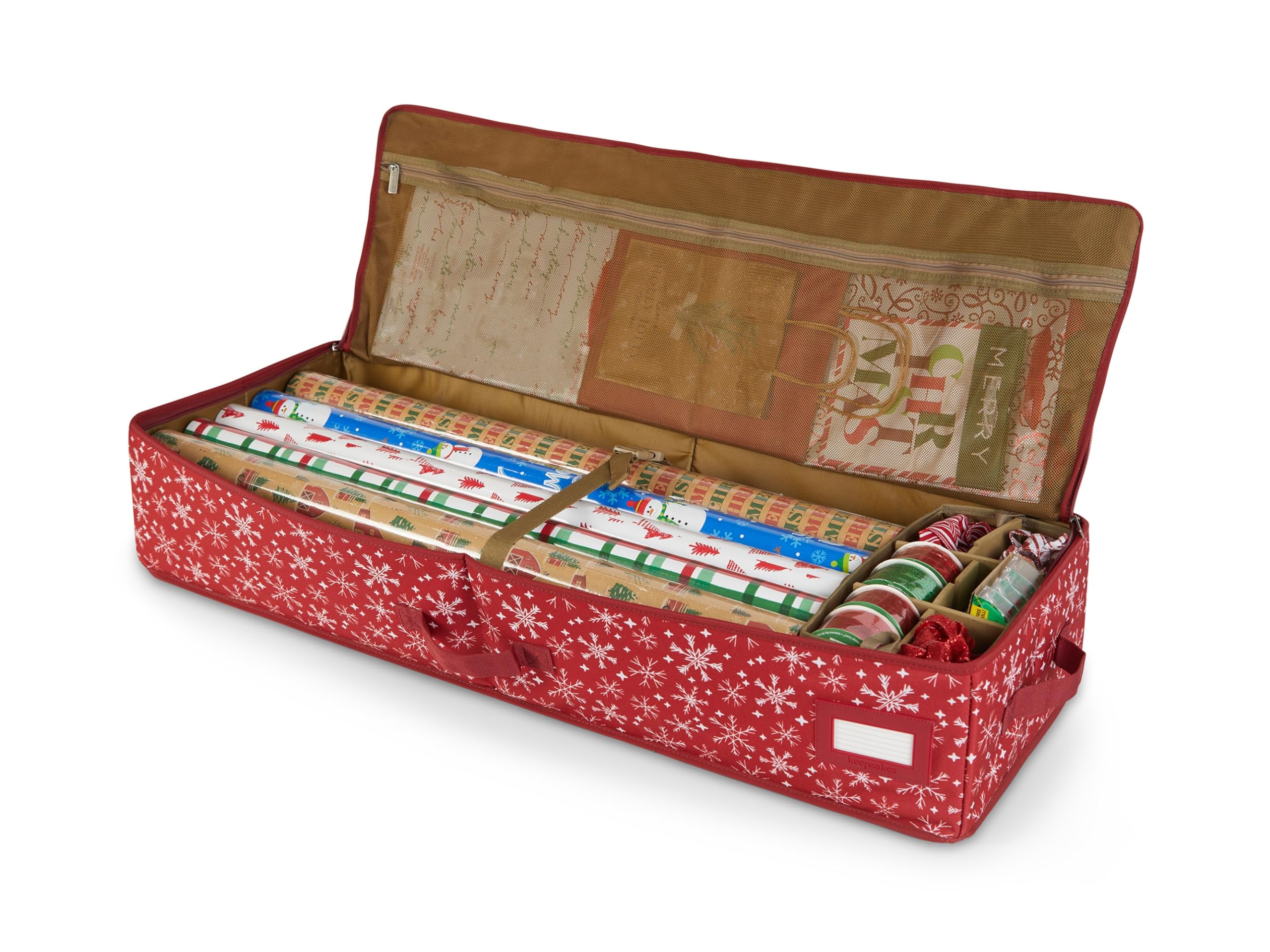 Covermates Keepsakes Gift Wrap Organizer - Holds up to 25 Rolls - Heavy Duty - Accessory Trays with Adjustable Compartments - Mesh Pocket - Holiday Storage, Red Snowflake