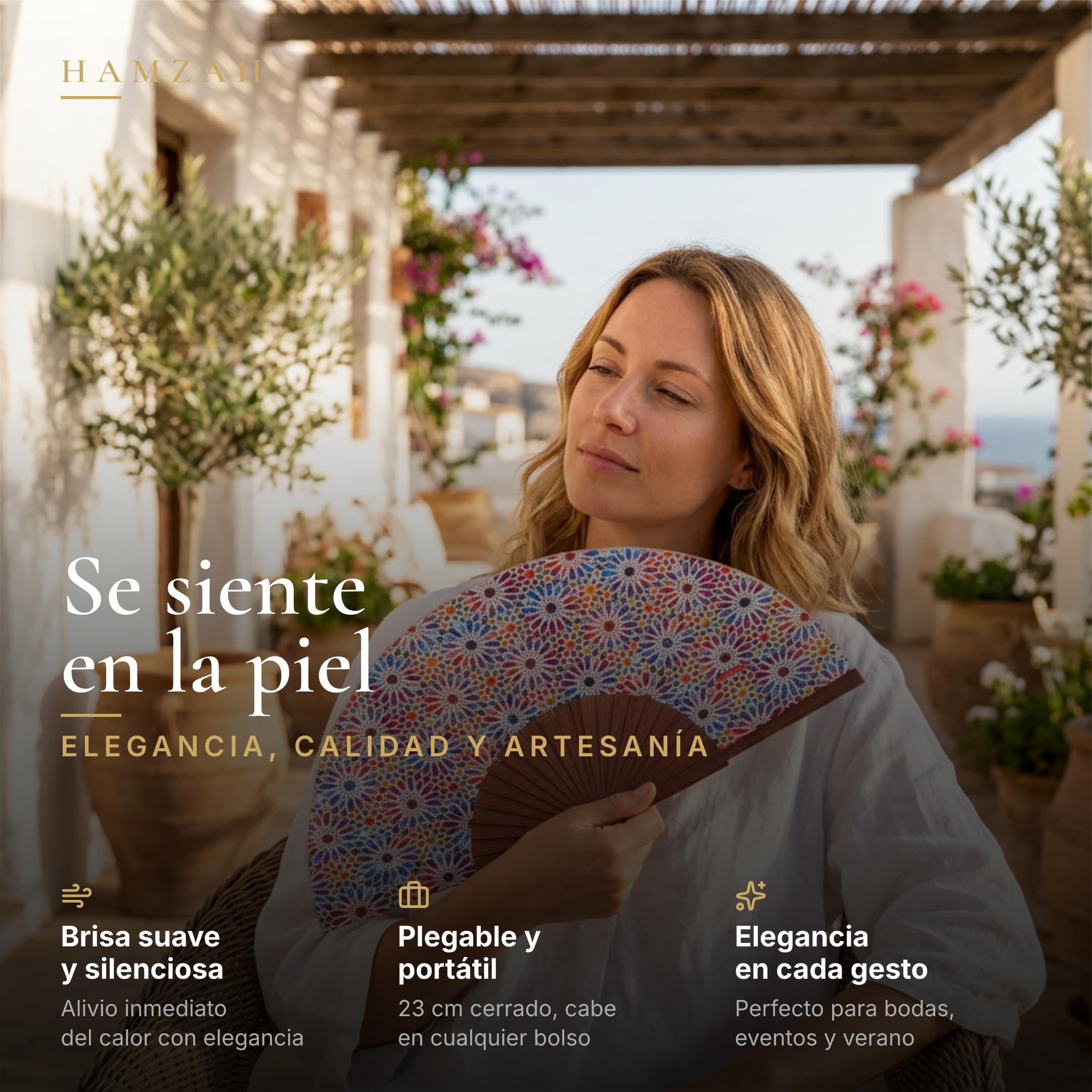Spanischer Fächer aus Holz und Seide, faltbar | handgefertigt in Valencia | Original Andaluz Farbdruck | Samtbezug | originelles und handwerkliches Geschenk | Mosaik-Kollektion