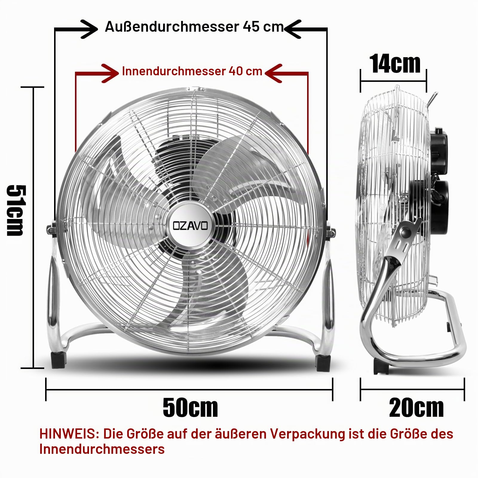 Standventilator, Windmaschine ⌀45 cm mit 3 Laufgeschwindigkeiten, Bodenventilator Power, Tischventilator Metall, Luftkühler, verstellbare Neigungswinkel, 80 W