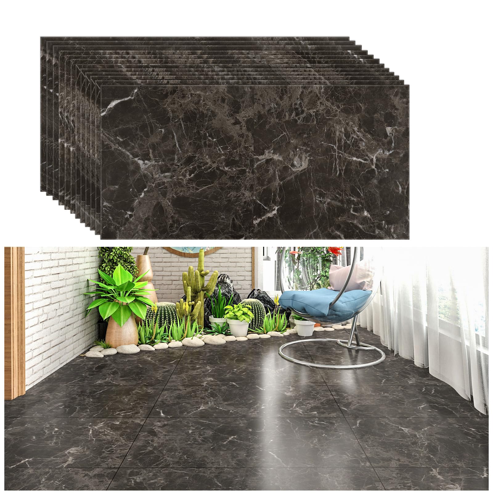 Floor Tiles Peel And Stick Waterproof Bathroom Flooring Tile Vinyl Tile Self Adhesive Sticky Sheet Stick On Tiles Diy For Garage, Living Room, Kitchen, Dark Grey Marble 60x30cm 24pcs