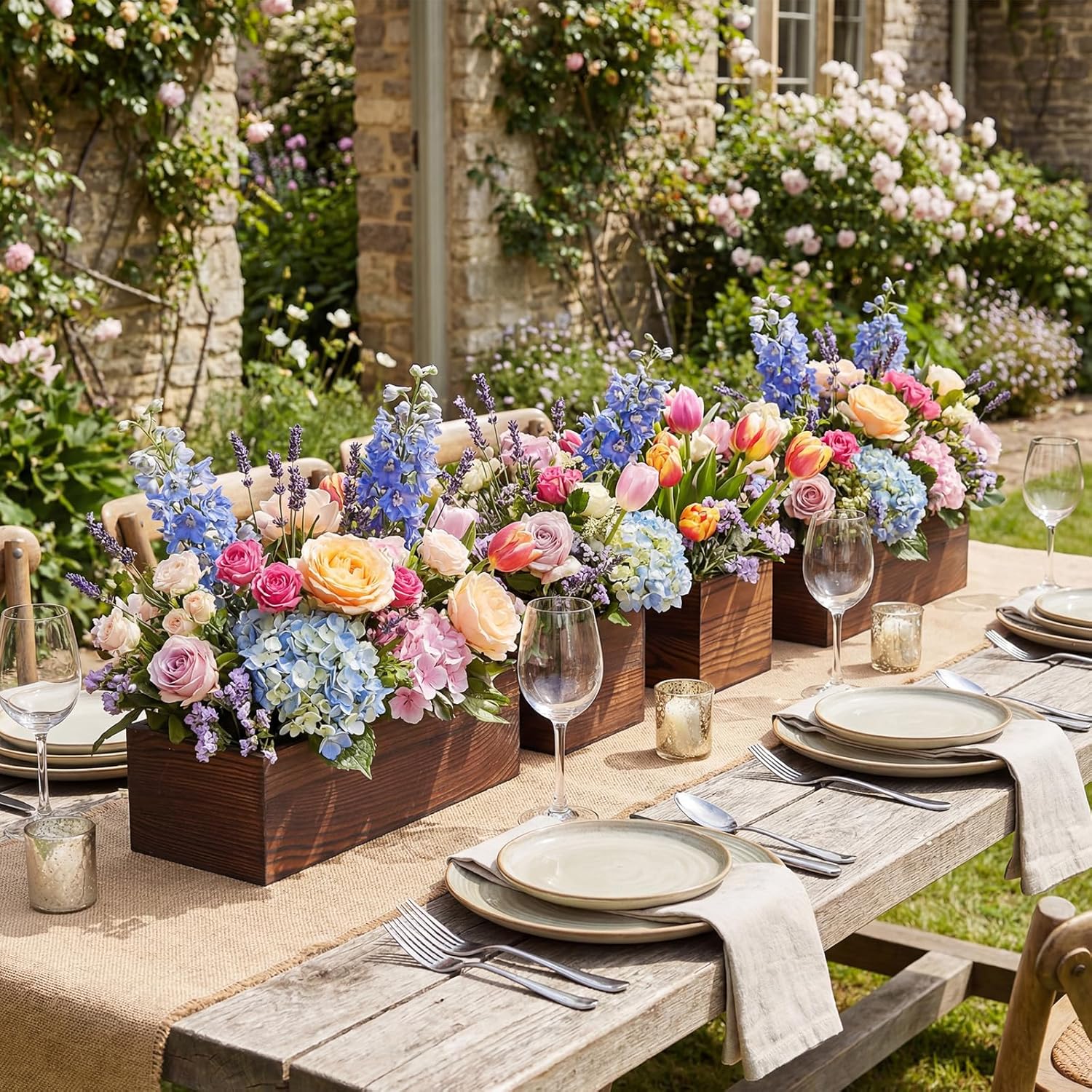 Leinuosen 12 Wooden Planter Boxes Set, 4 Pcs 12 x 4 Inch Rectangle Wood Planter Box 8 Pcs 4 x 4 Inch Flower Pots Wooden Cube Rustic Square Wood Vase for Centerpiece Wedding Vintage Decoration(Brown)