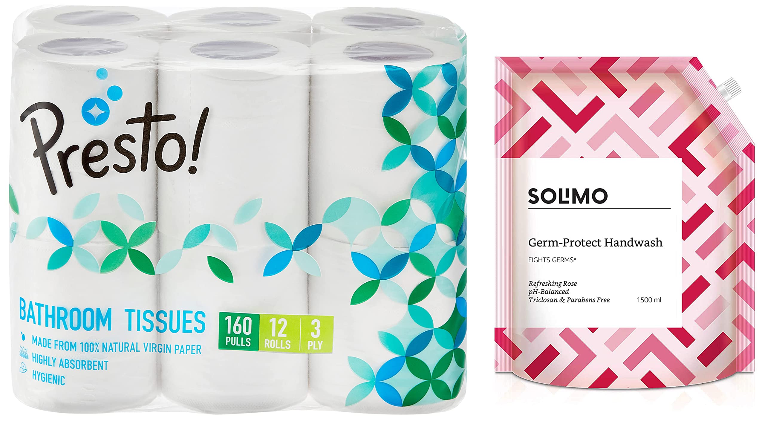 Amazon Brand - Presto ! 3 Ply Toilet Paper Tissue Roll - 12 Rolls (160 Pulls Per Roll) & Amazon Brand - Solimo Germ-Protect Handwash Liquid, Refreshing Rose, 1500 ml