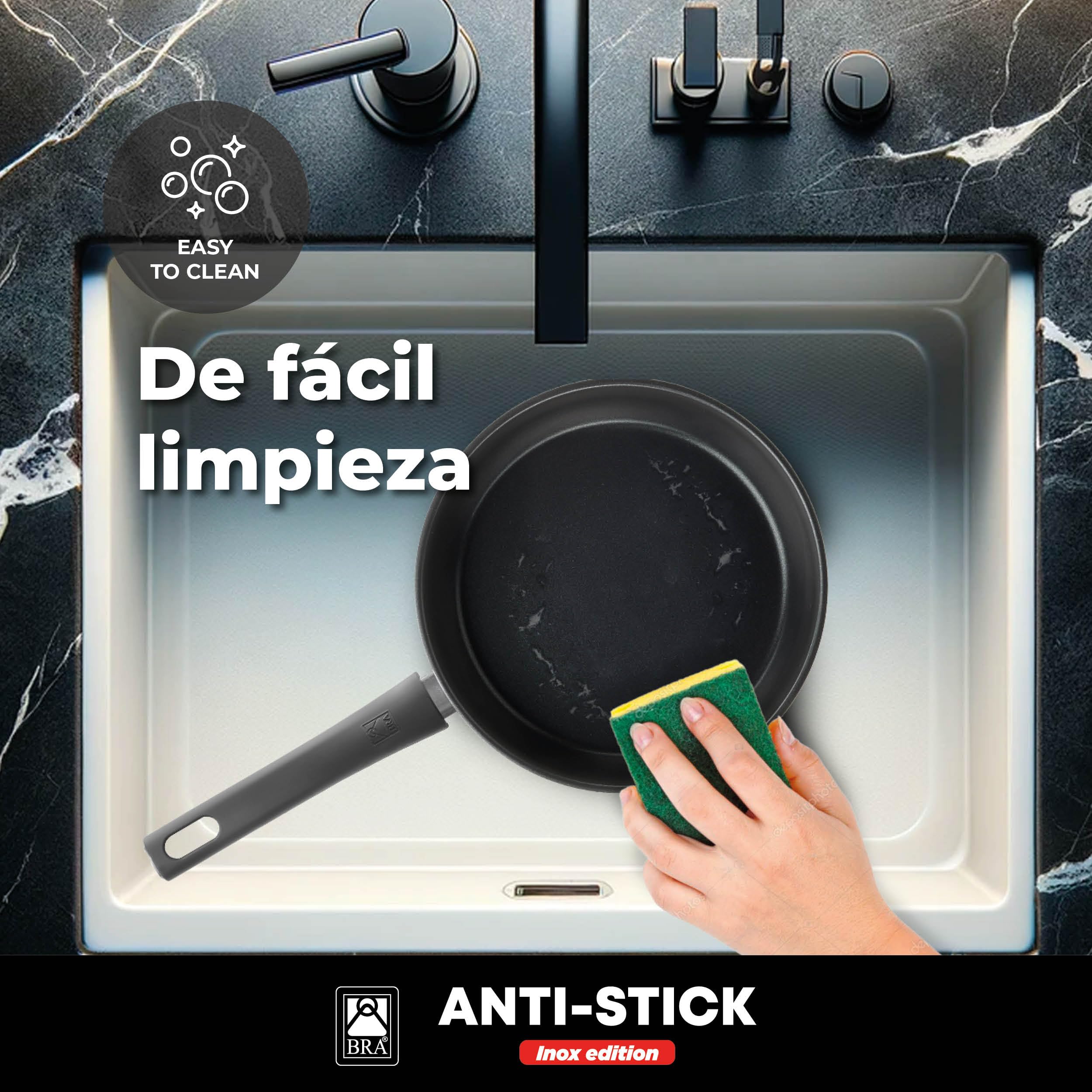 BRA Antistick Inox | Set 3 sartenes 18/22/26 cm, aluminio forjado reciclado con antiadherente de titanio y superficie MetalTec, aptas para todo tipo de cocinas, incluida inducción