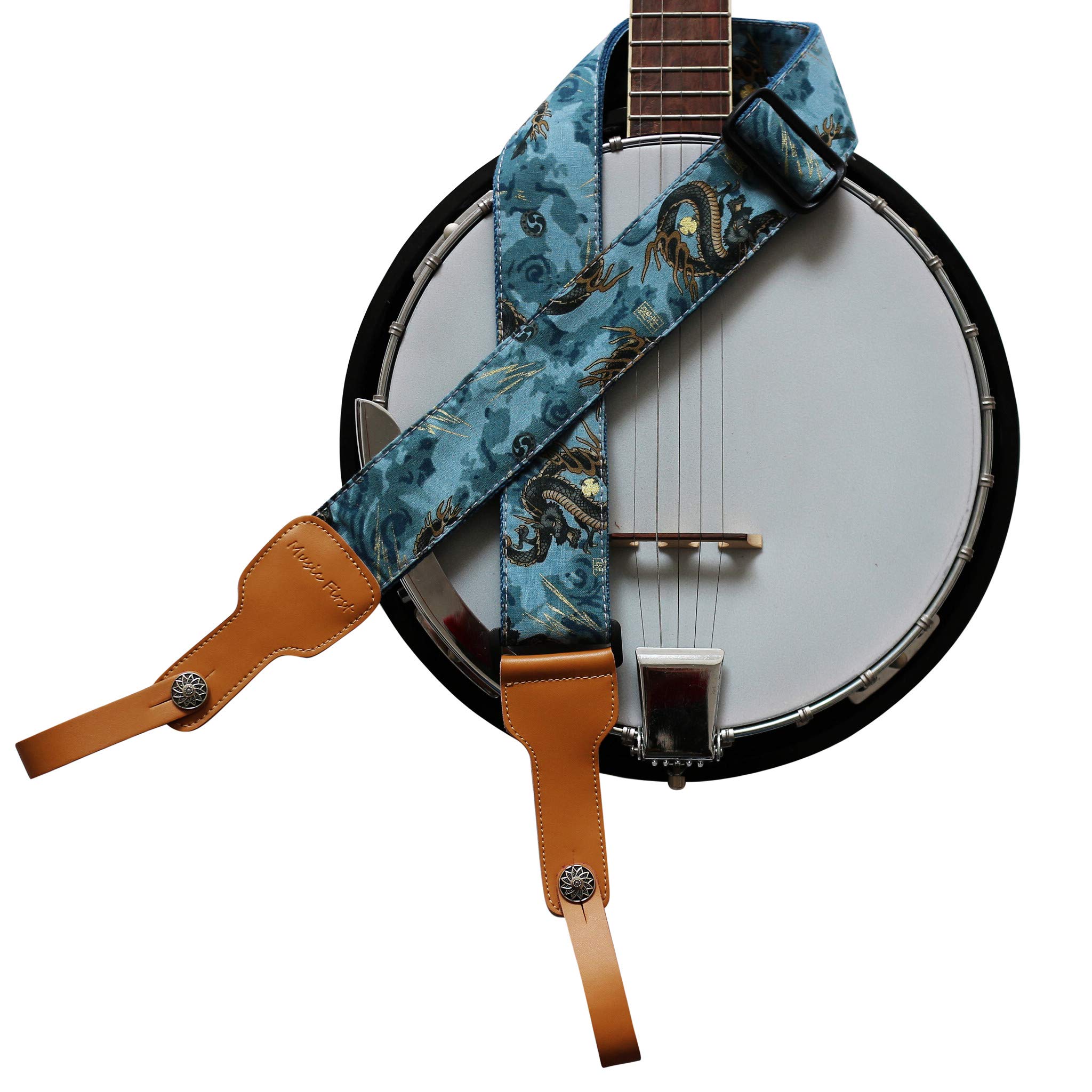 MUSIC FIRST Original Design, 2 inch width (5cm), Ukiyoe Style “The Dragon King” Soft Muslin & Genuine Leather Delux Banjo Strap, With 2 pieces of MUSIC FIRST Leather Strap Locker. (The Dragon King)