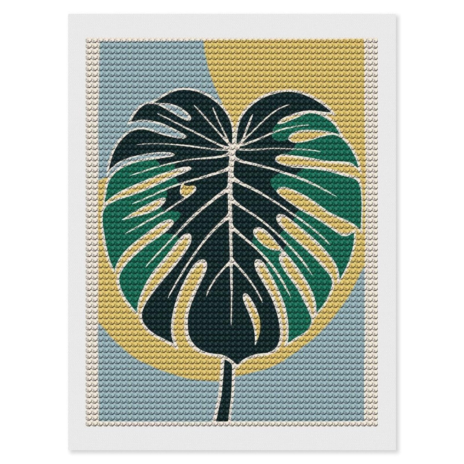Junmoney Monstera Leaf Print Diamond Painting Set 12"x16", Sparkling Round Gems, Decorate Your Room, Fun Craft Experience, Modern Decor