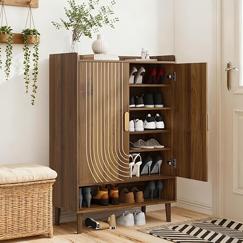 Miniatura 12 de Smuxee Armario de zapatos con 2 cajones abatibles, armario de almacenamiento oculto de nogal de 23.6 pulgadas con diseño de ranura de línea,
