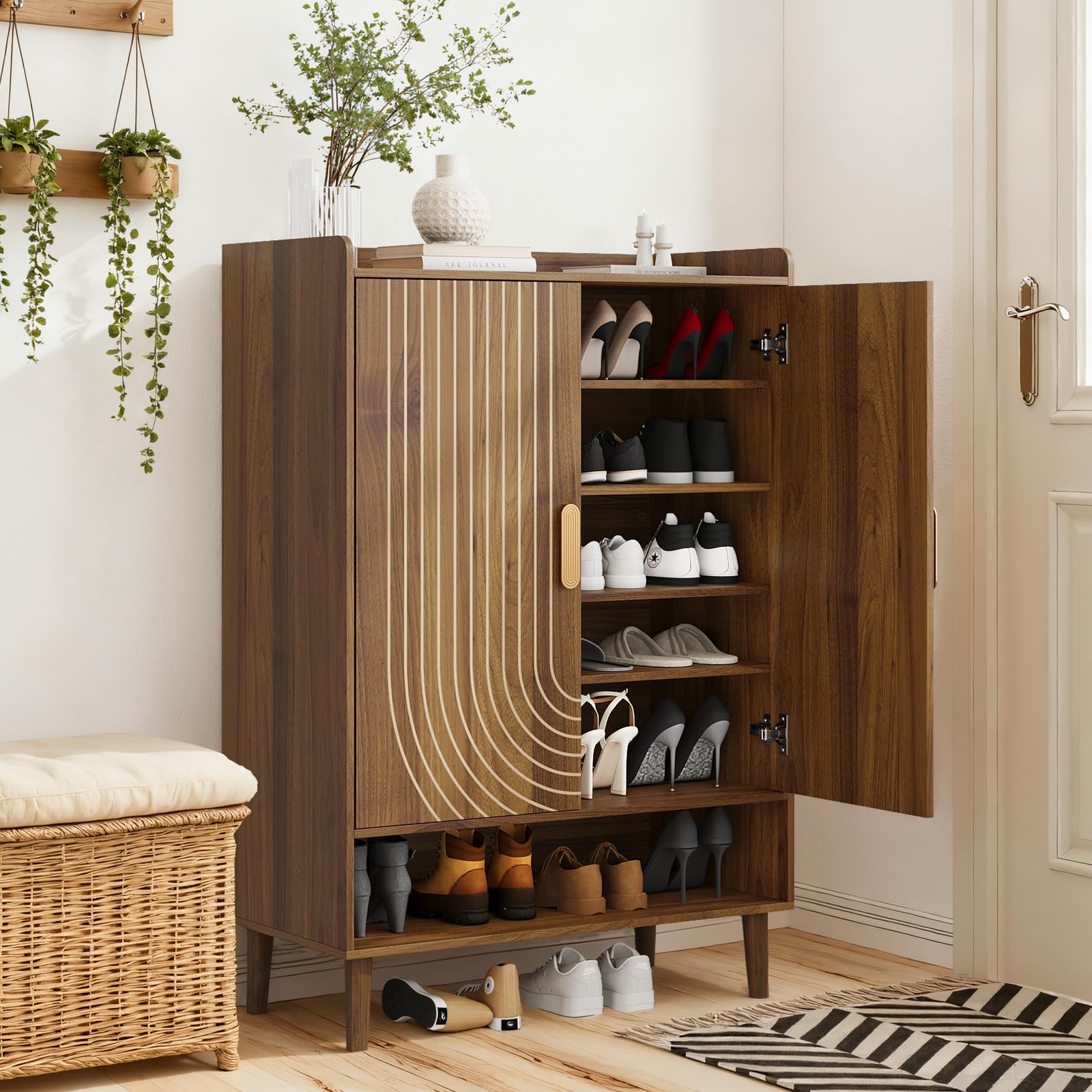 Smuxee Walnut Shoe Cabinet with Line Groove Design, 6-Tier Shoe Storage Cabinet with Adjustable Shelves, Freestanding Shoe Organizer Cabinet for Entryway, Hallway, Closet, Living Room — image 1