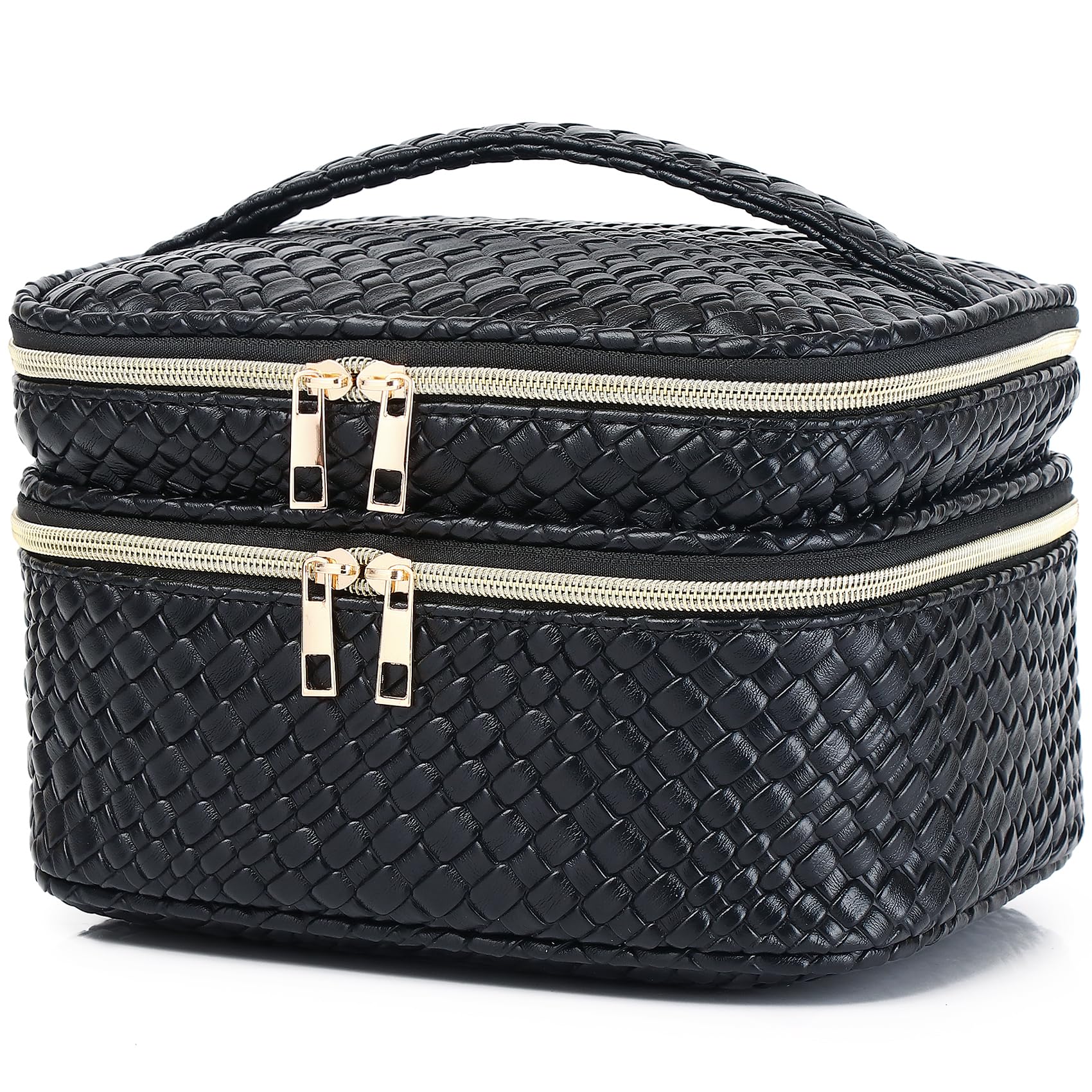 Pinkmik Travel Makeup Bag for Women Double Layer Cosmetic Bag with Jewelry Organizer Large Waterproof Toiletry Bag for Traveling Portable Makeup