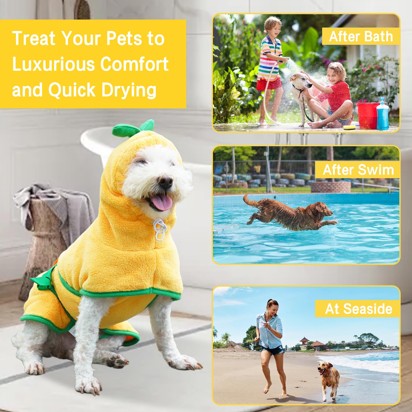 Accappatoio per cani e gatti, ad asciugatura rapida, accappatoio con cappuccio, collare regolabile e cinghia per la pancia, per piscina e spiaggia (giallo, XL)