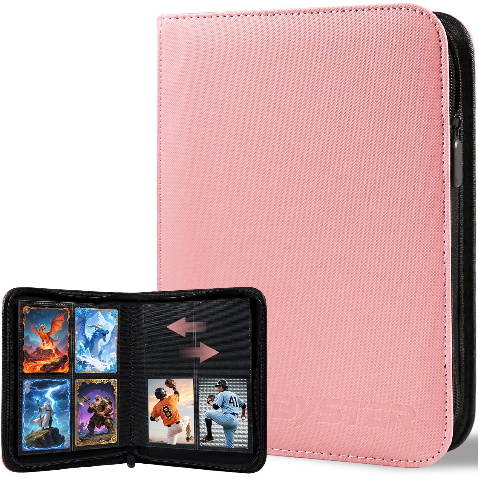BYSTER 4 Pocket Card Binder, Premium PU Trading Card Binder with Zipper, 160 Capacity Side-Loading Binder for TCG, MTG, Sports Cards, Game Cards, Pink : Toys & Games