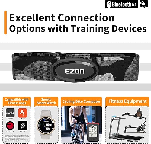 Miniatura 3 de EZON Heart Rate Monitor Chest Strap C009Pro,ANT+& Bluetooth 5.1 Dual Protocol,Up to 400H Battery Life,Compatible with PolarStravaWahooPeloton,Ideal