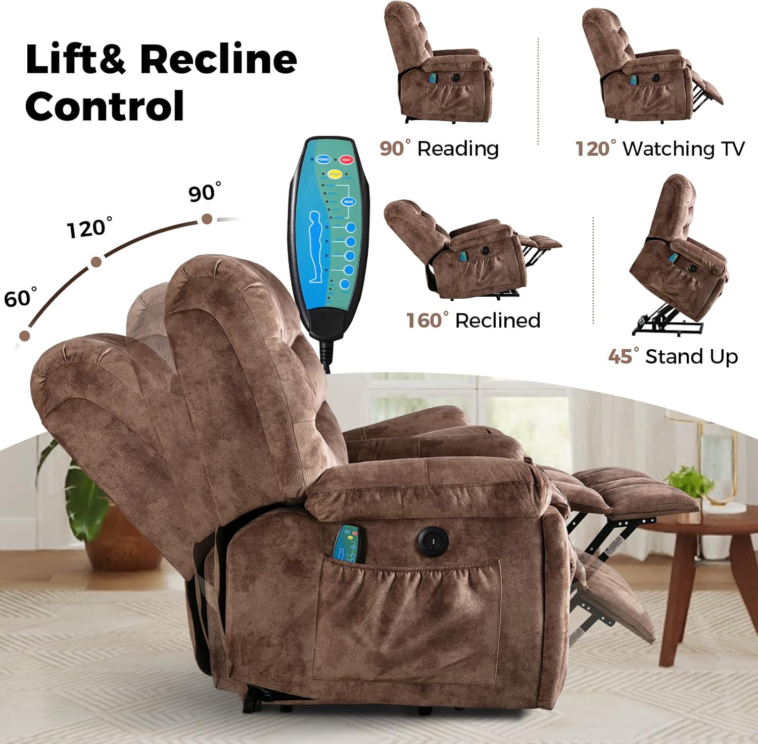 HAOMARKETS Large Power Lift Recliners with Massage and Heat for Elderly, Electric Lifting Recliner Chair with Cup Holders & USB Port, Oversized Reclining Sofa with Side Pocket for Living Room, Brown