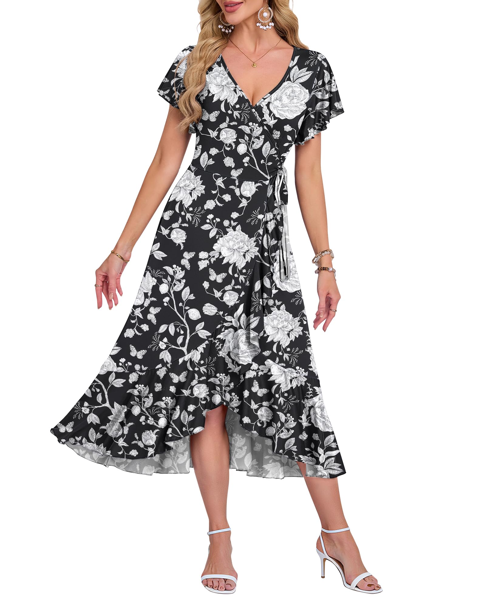 AUSELILY Summer Dresses for Women UK Midi Wrap Beach Casual V-Neck Short Sleeve Slit Ruffle Dress for Cocktail Wedding Guest