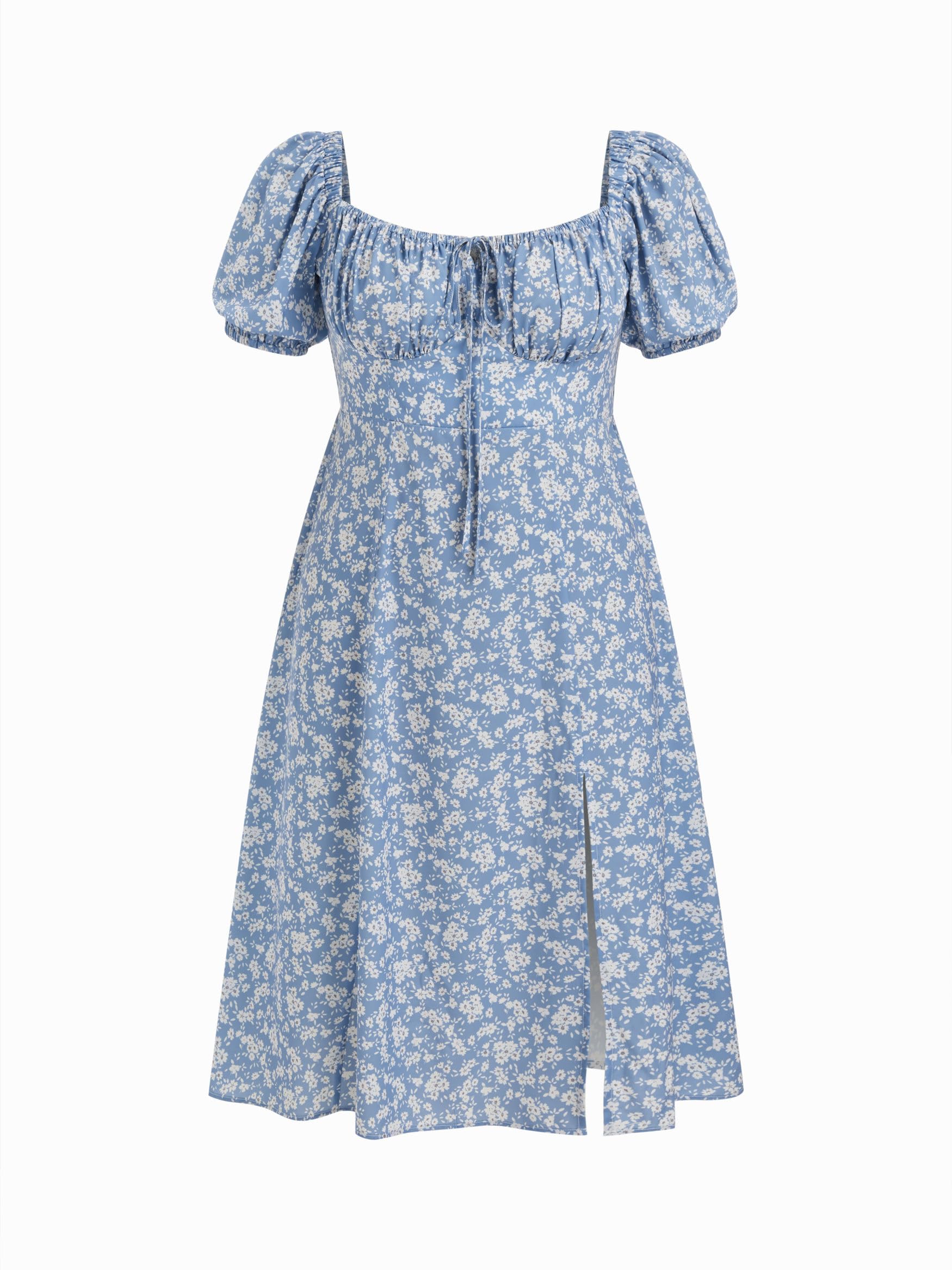 CIDER Women's Plus Size Dress Floral Fruit Square Neck Puff Sleeve Split Sun Dress Summer Midi Dresses Vacation Outfits