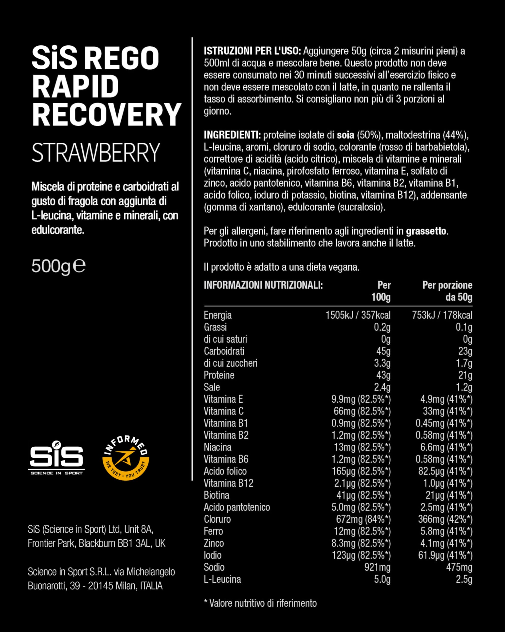 Science in Sport Rego Rapid Recovery 500g Fragola Vegan - Drink di recupero in polvere con carboidrati, proteine in polvere, elettroliti, vitamine e minerali, Favorisce un allenamento efficace