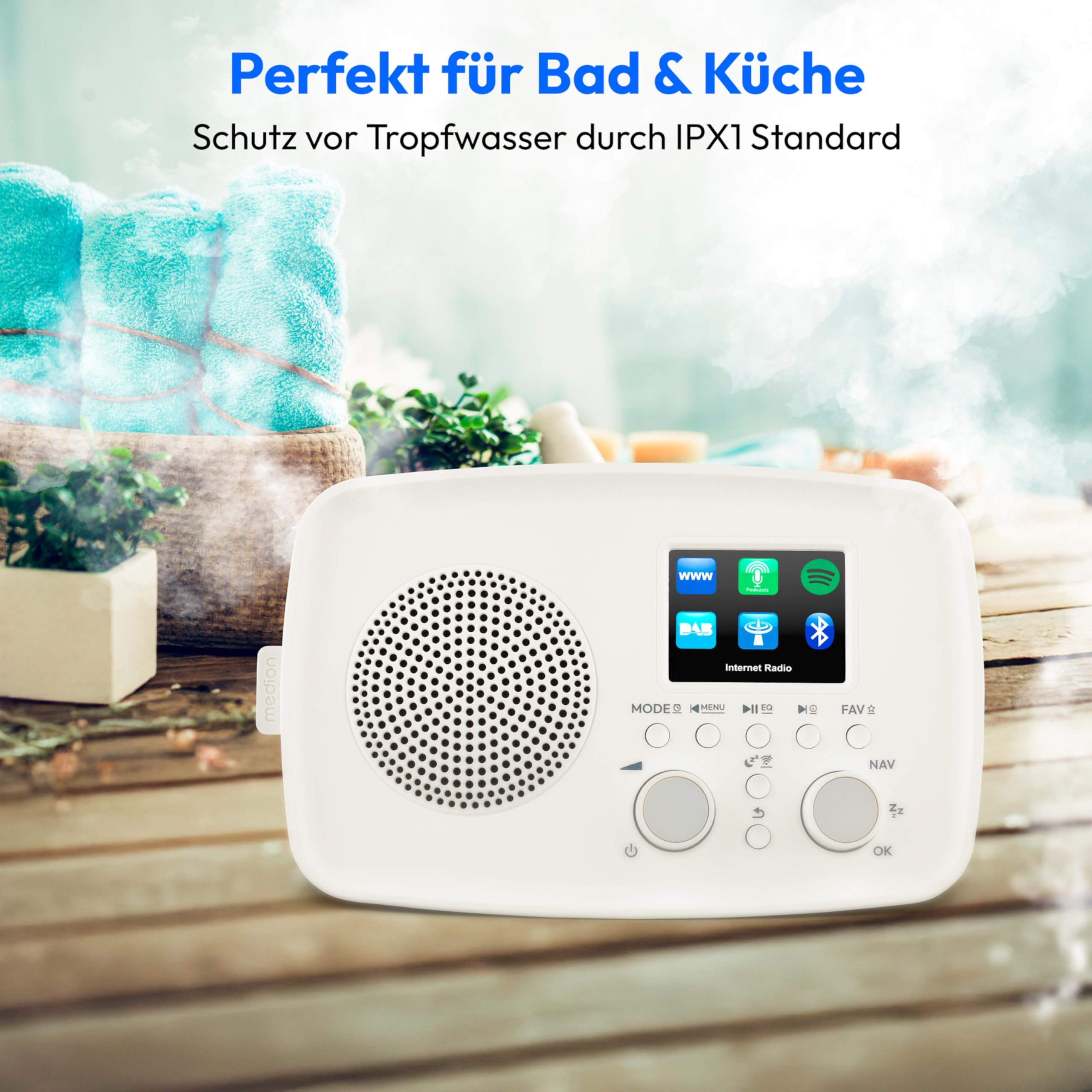 MEDION Internetradio mit DAB+ Life IRE-1 (WLAN, DAB Plus UKW Radio, Bluetooth, EQ, Tropfwasserschutz, Teleskopantenne, Spotify Connect, Wecker, Schlummerfunktion, Einstellbarer Display-Dimmer) weiß