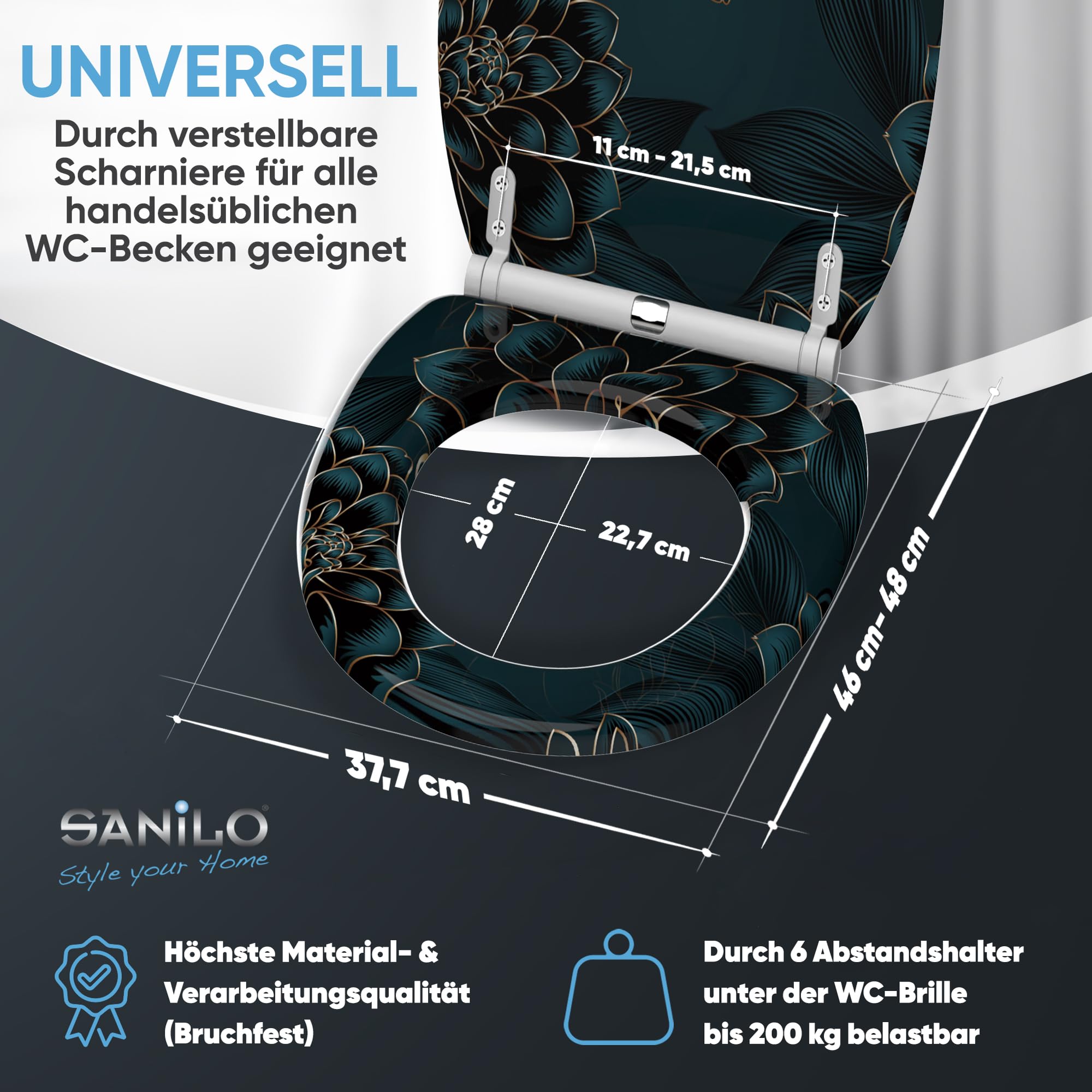 Sanilo WC Sitz mit Absenkautomatik, viele neue Toilettendeckel zur Auswahl, hochwertige Oberfläche, einfache Montage, stabile Scharniere (Dahlien)