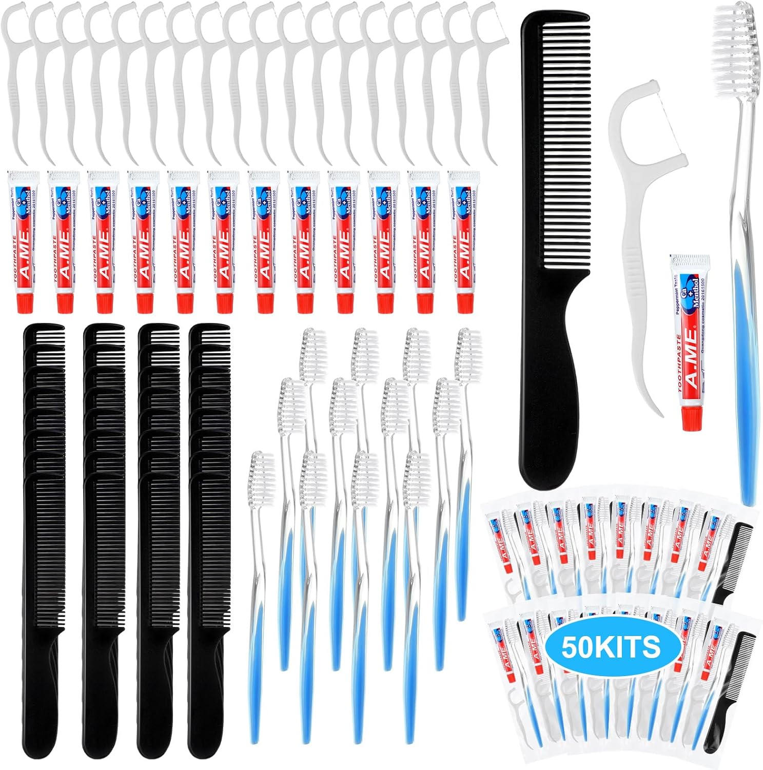 50 Sets Disposable Toothbrushes with Toothpaste Floss and Comb for Travel Individually Wrapped, Homeless Care Package Bulk Hygiene Kits for Homeless/Hotel/shelter/Nursing Home/Charity