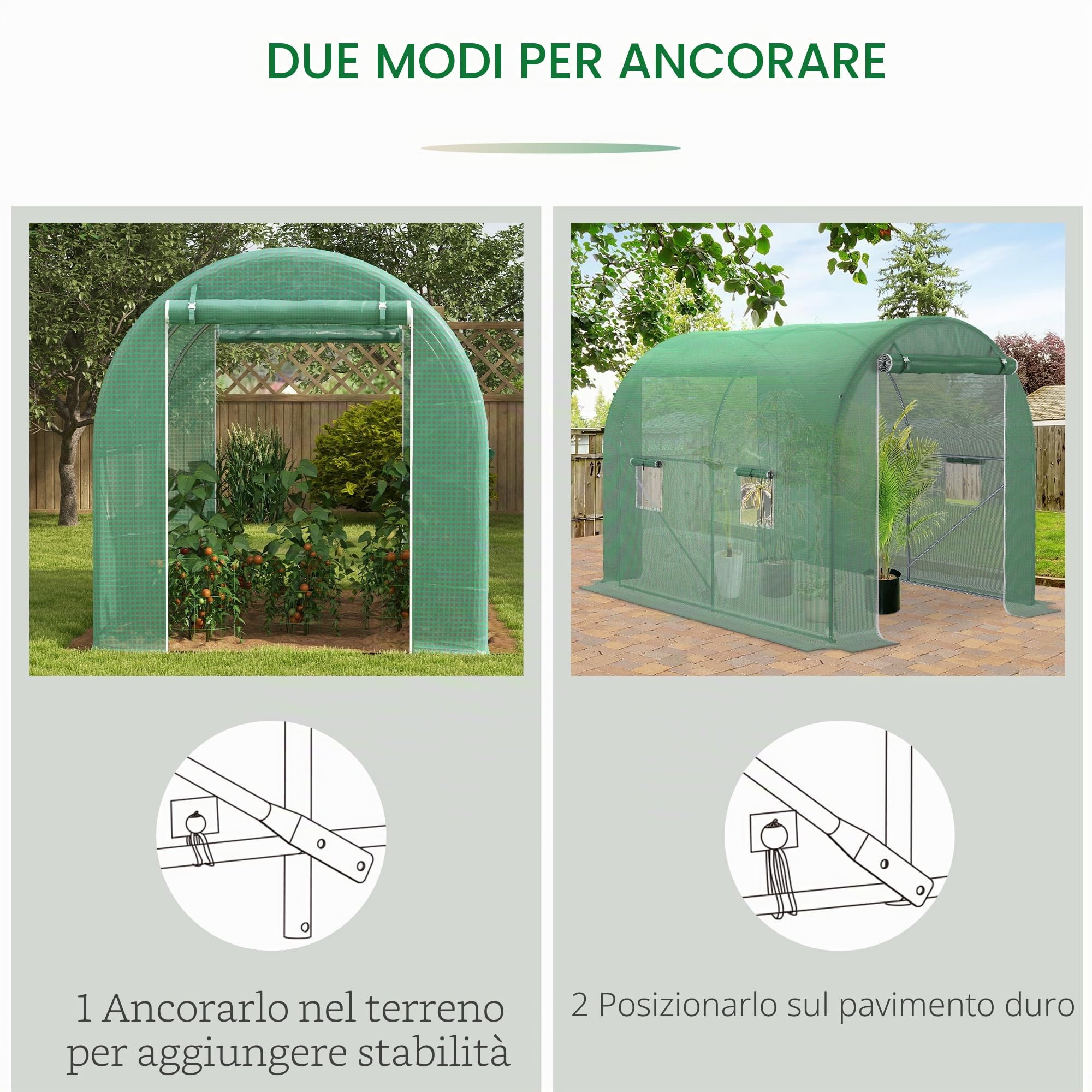 Outsunny Serra da giardino tunnel telaio tubolare rinforzato porta con cerniera finestre arrotolabili verde (300x200x205cm)