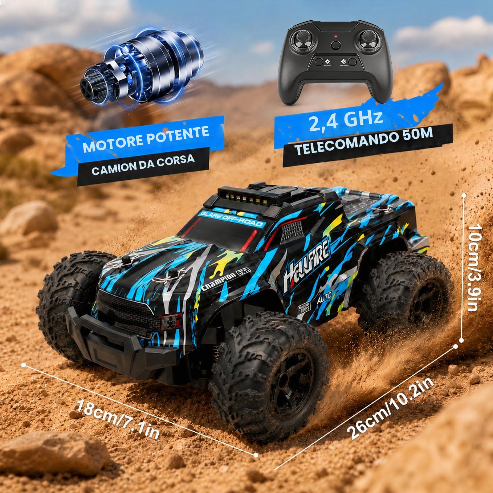 Macchina Telecomandata 2,4GHz Auto Telecomandata - Off Road Alta Velocità Vehicle 22KM/H con Luci LED - Auto RC 1:18 di Tutto Terreno Perfetto Regalo per Bambini e Ragazzi