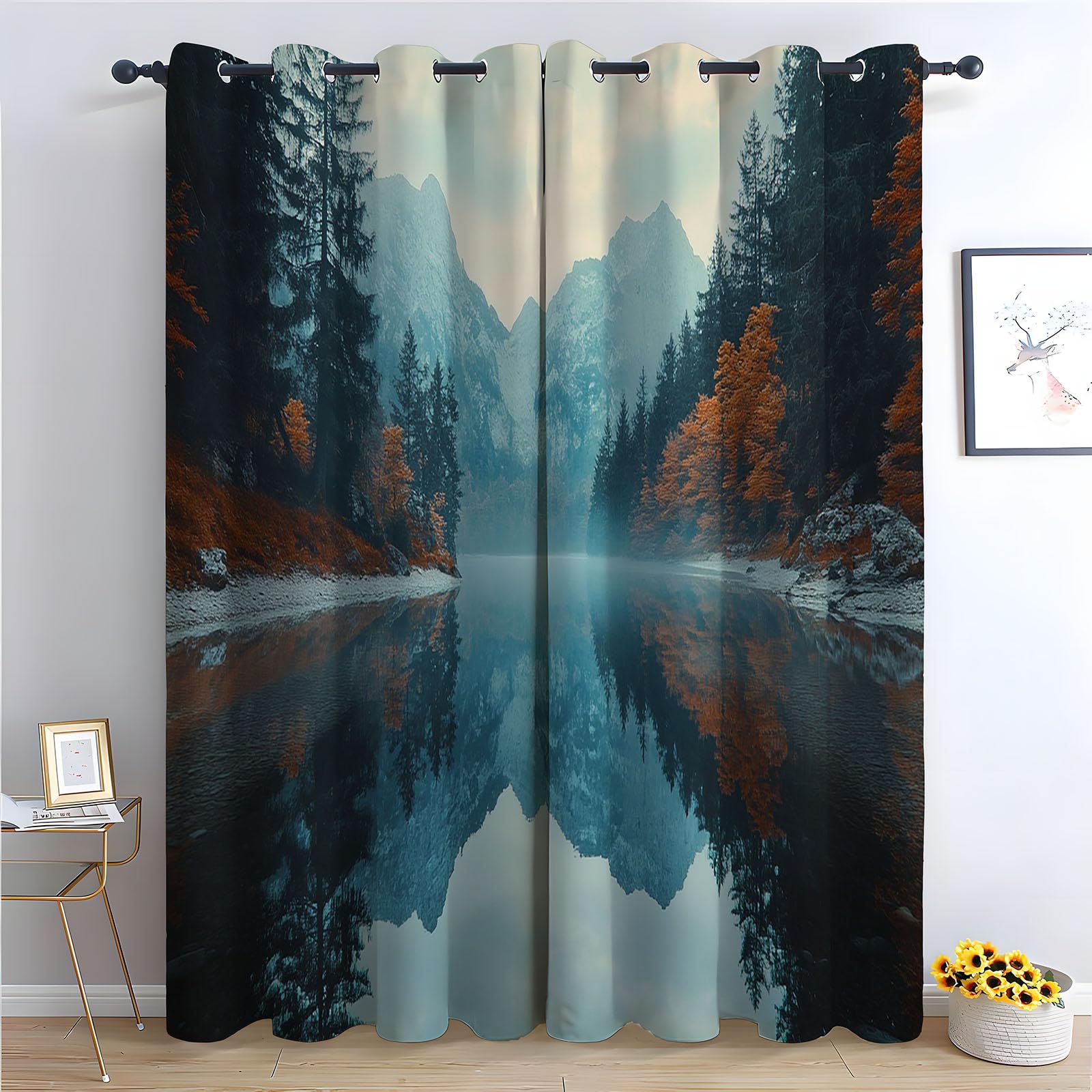 Rideaux occultants vintage bleu blanc 215x100 cm avec motifs à fleurs