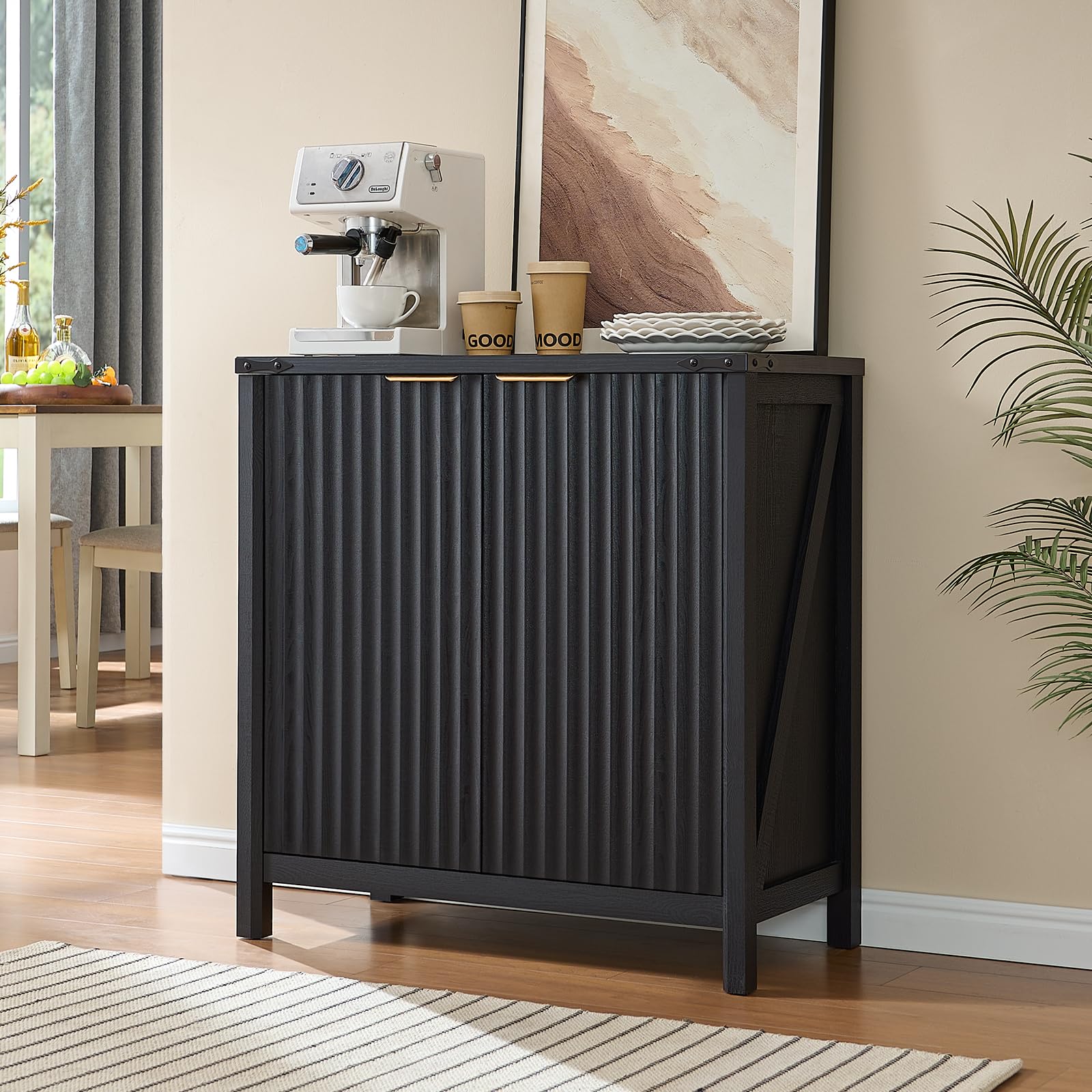 32-inch Fluted Sideboard Cabinet for Kitchen, Modern Farmhouse Buffet with Adjustable Shelves, Sturdy Storage Organizer for Dining Room, Living Room, Entryway (Black)