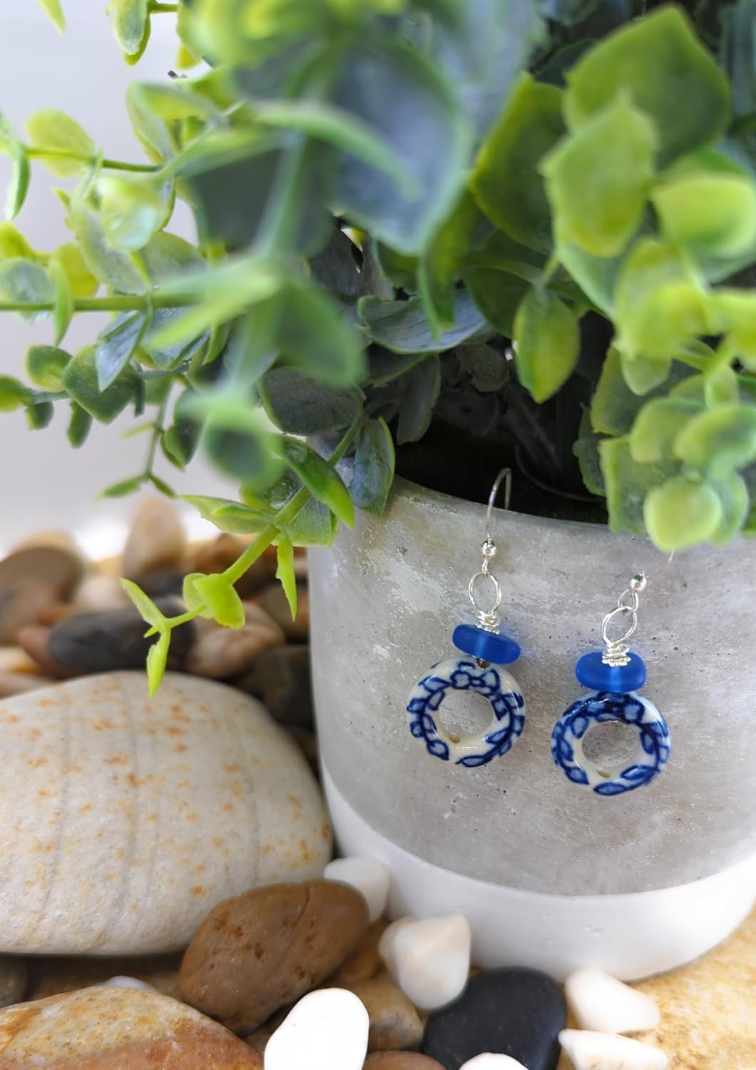 Beachy Sea Blue Sea Glass and Floral Porcelain Earrings on Sterling Sliver Hooks Handmade by Aimee Tresor