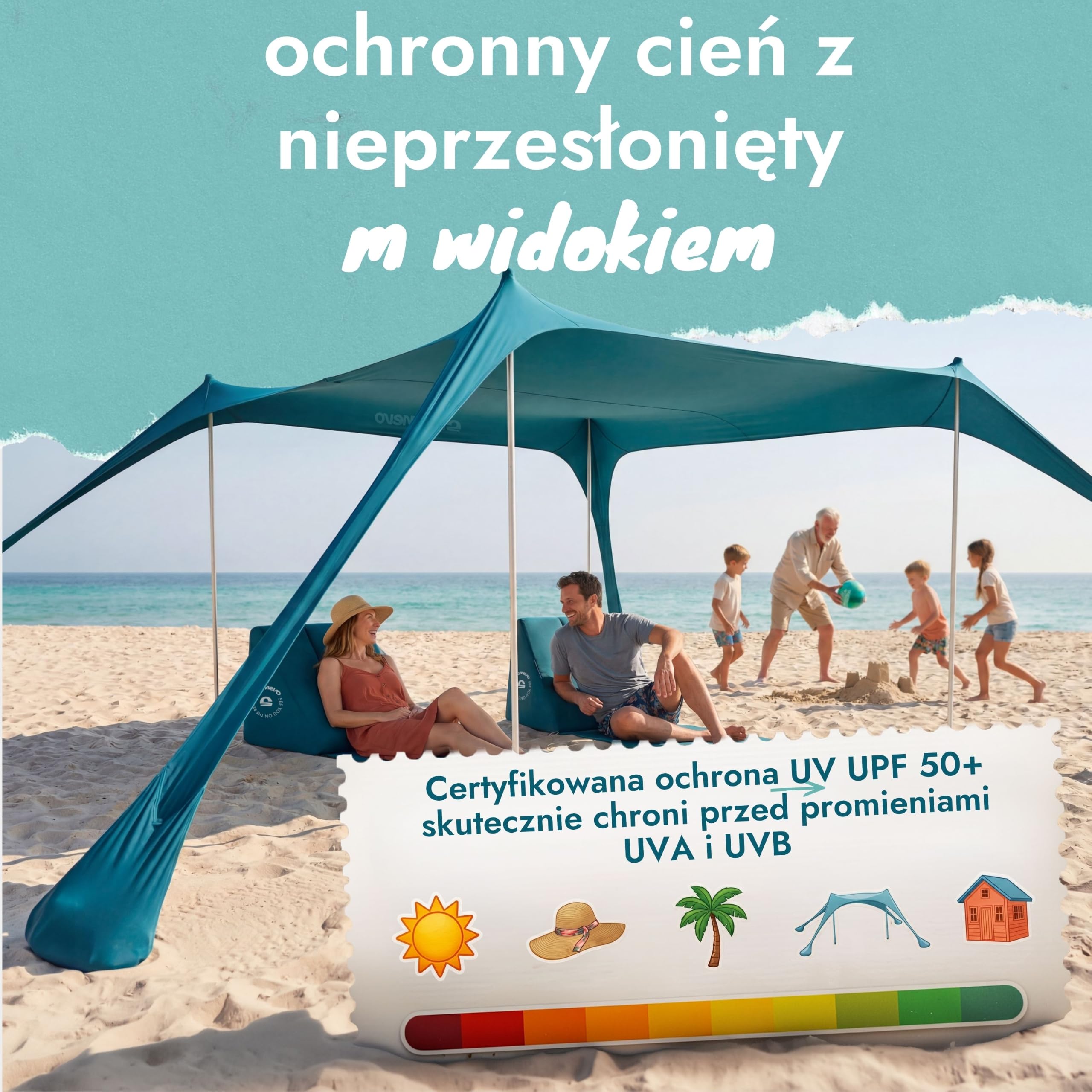Duży rodzinny namiot plażowy Sunsail - żagiel przeciwsłoneczny z certyfikowaną ochroną UV UPF50+, ochrona przed słońcem dla sześciu osób, z kotwicą piaskową i śledziami (petrol blue)