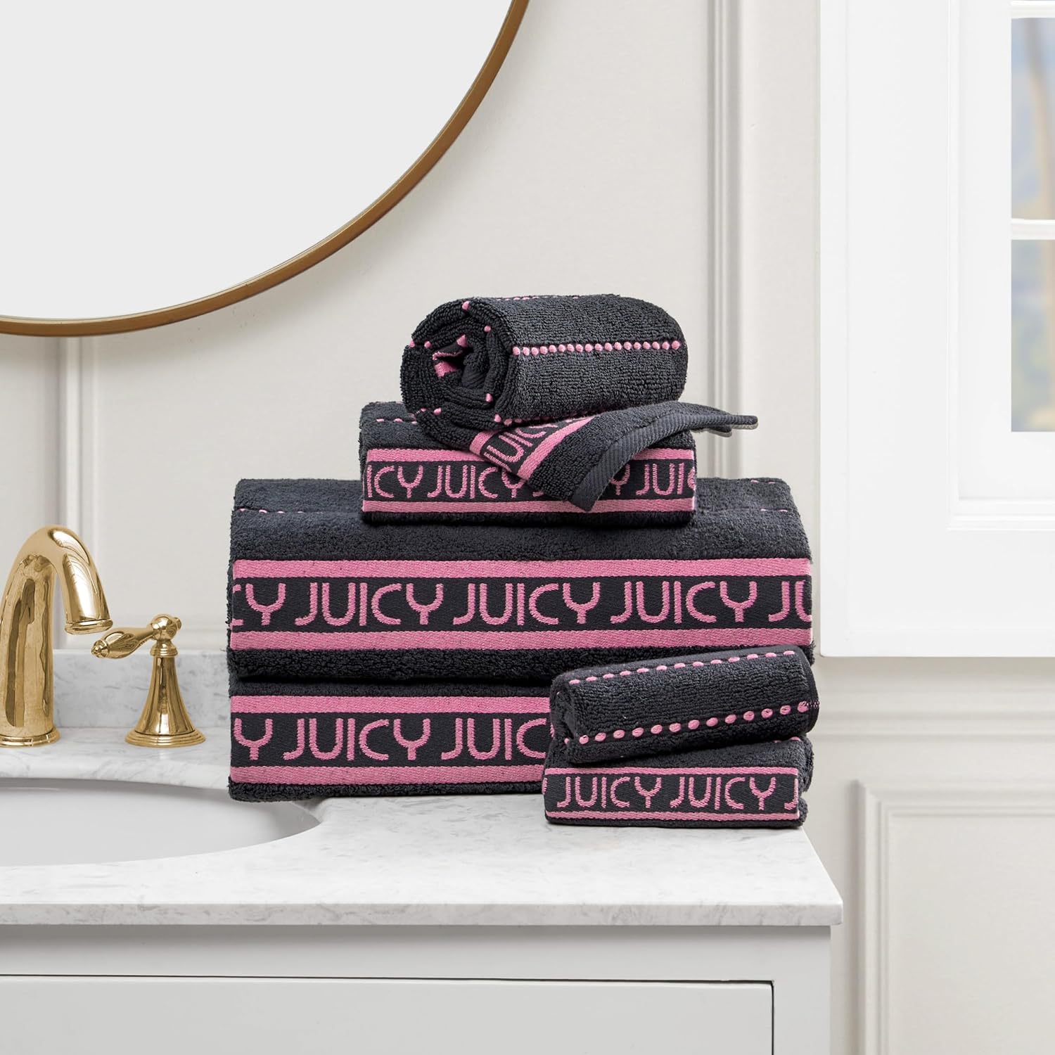Juicy Couture Luxurious Plush Stripe 6-Piece Set - Black 100% Cotton Bath Towel Set - Soft and Stylish for Ultimate Comfort and Elegance