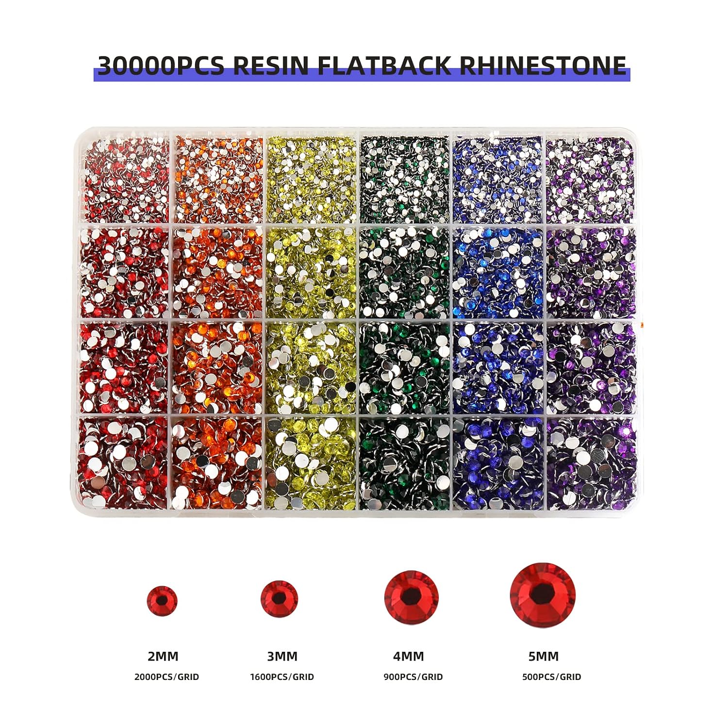 30000PCS Mixed Colors Resin Flatback Rhinestones Kit, Jelly Resin Non-Hotfix Rhinestones for Crafts DIY Design, Tumblers, Clothes, Makeup, Nail Art 2mm, 3mm, 4mm, 5mm